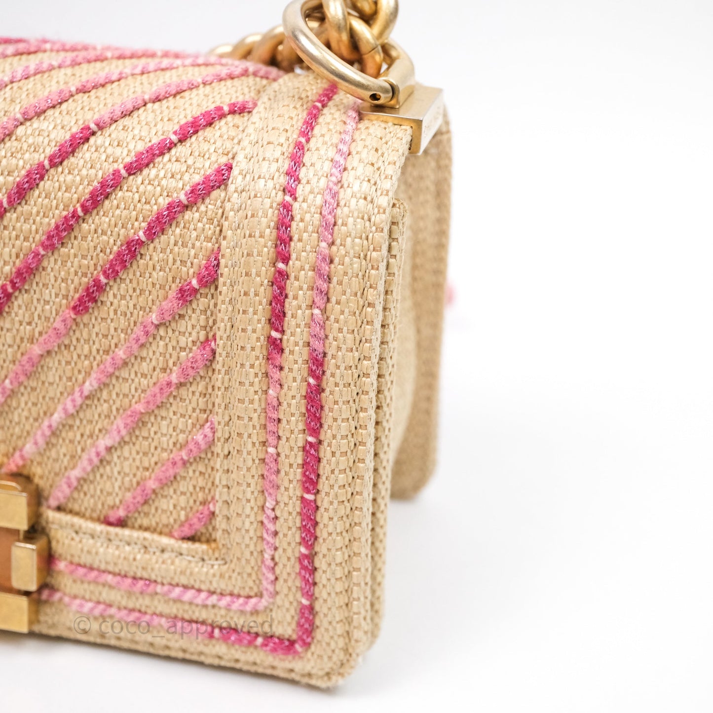 Chanel Small Boy Chevron Raffia Metallic Pink Aged Gold Hardware