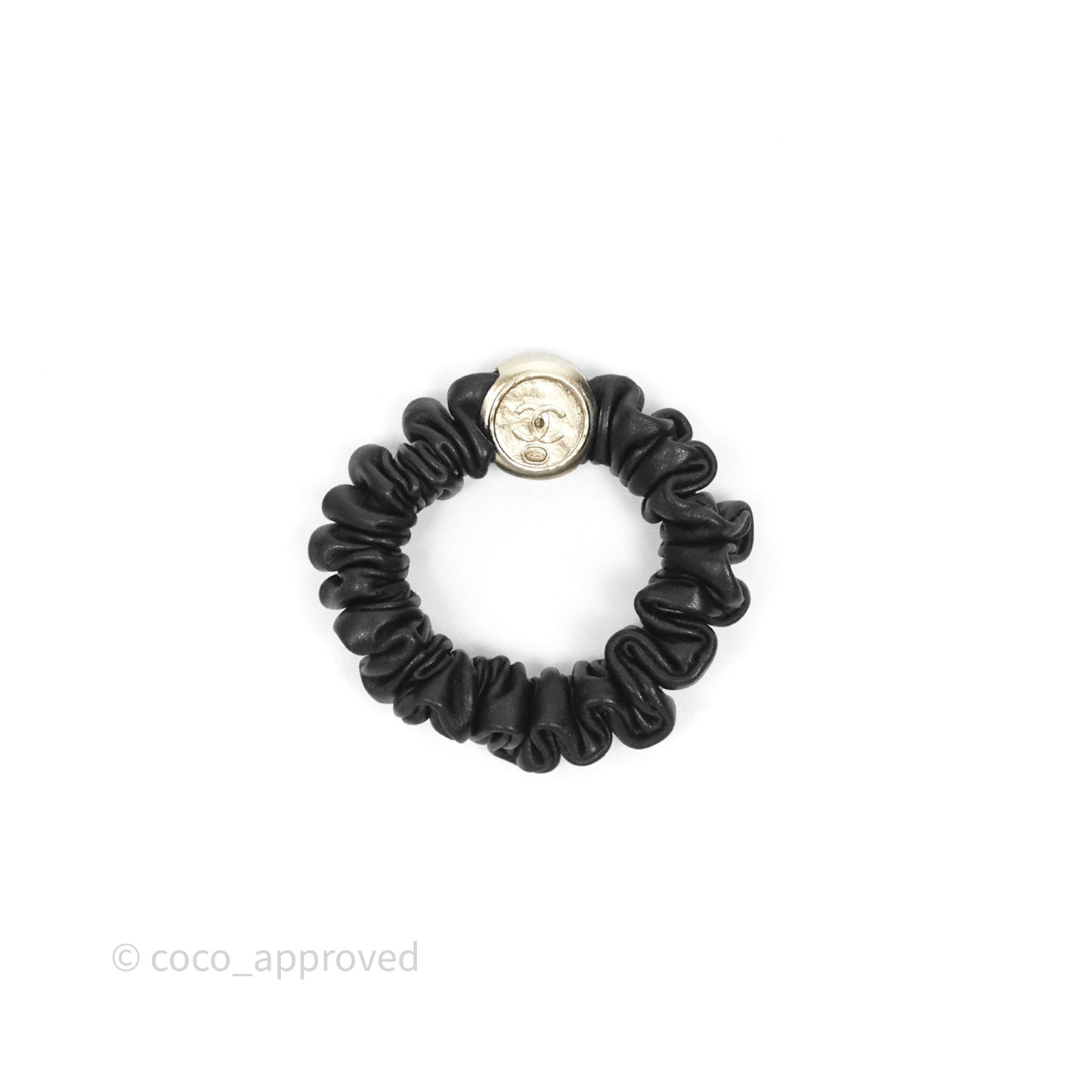 Chanel CC Black Leather Scrunchie Hair Accessory Gold Tone 22P