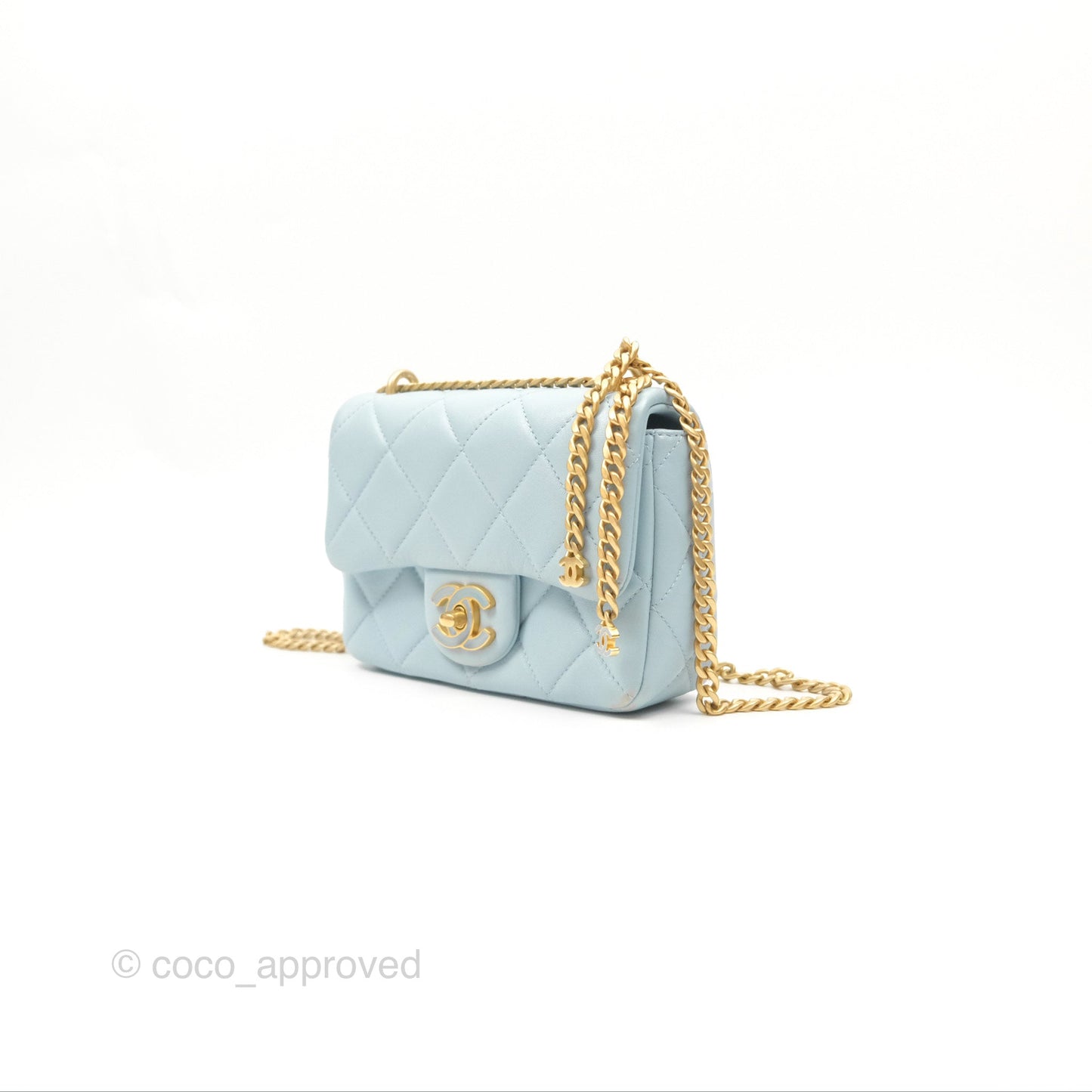 Chanel Quilted Enamel Pending CC Mini Square Flap Baby Blue Lambskin 22P