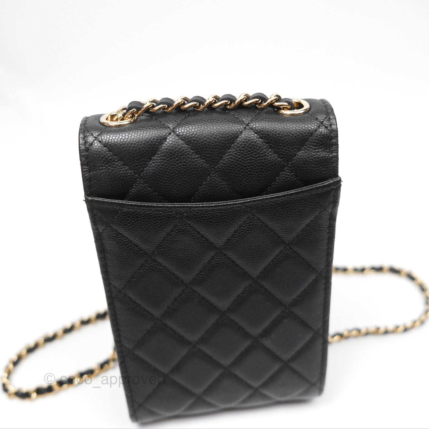Chanel Classic Quilted Phone Holder Black Caviar Gold Hardware