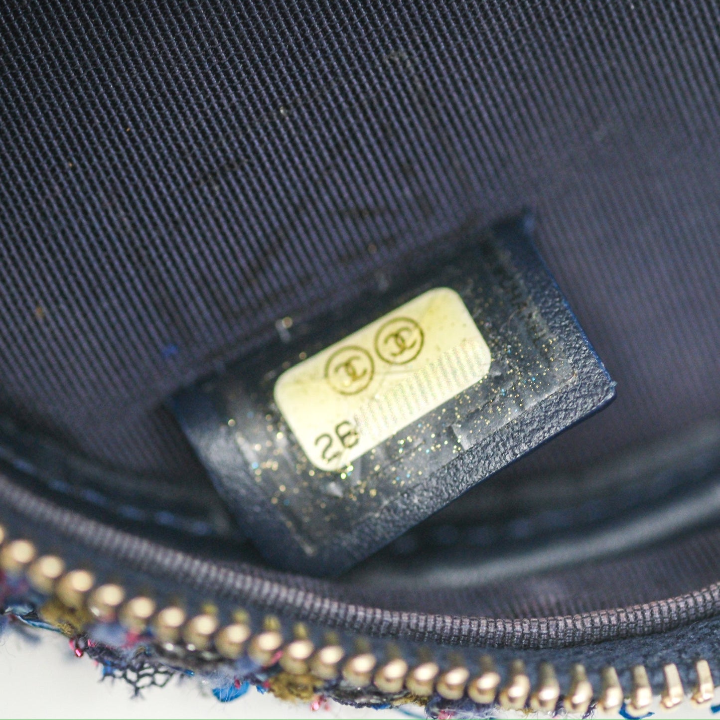 Chanel Classic Quilted Round Clutch With Chain Navy Tweed Gold Hardware
