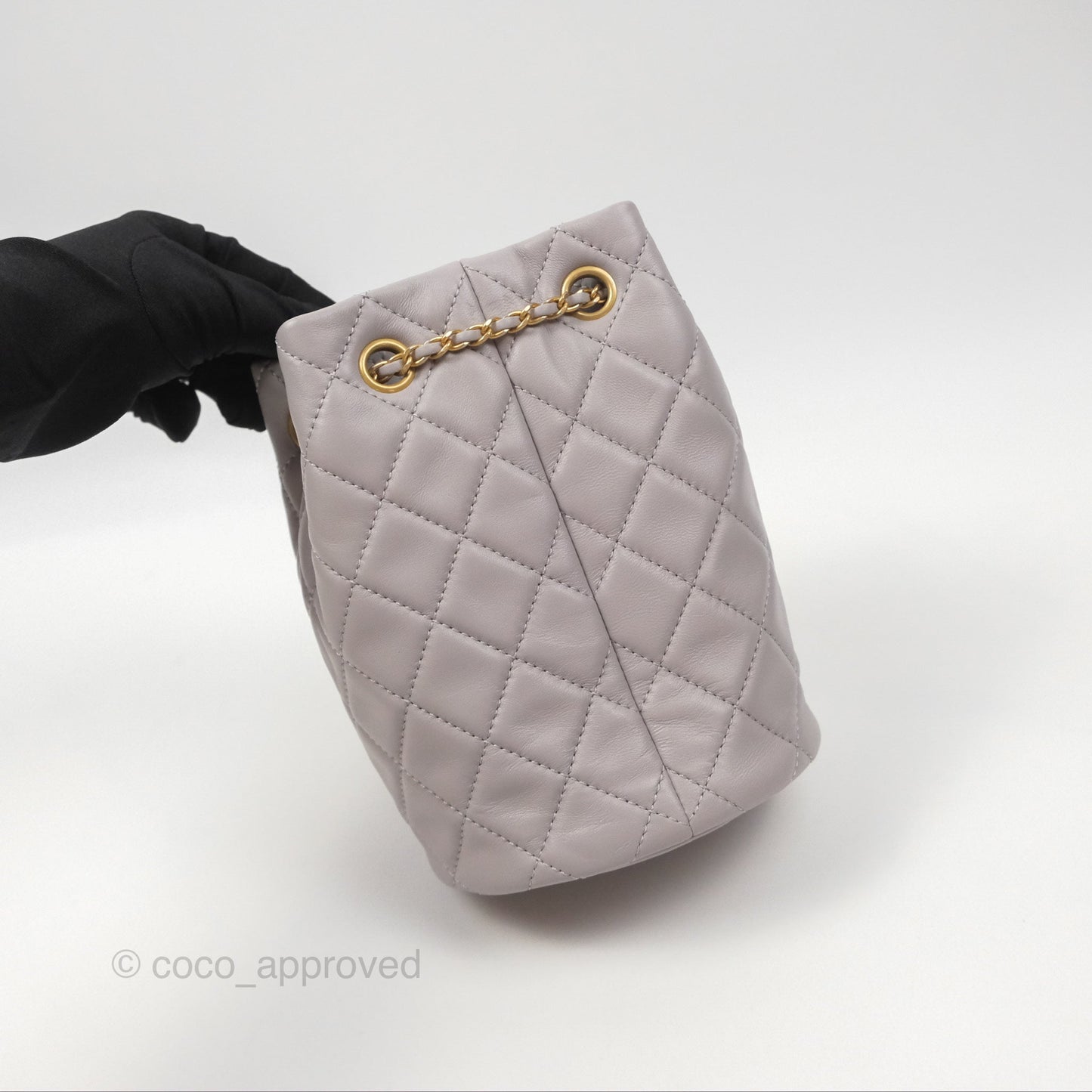 Chanel Pearl Crush Drawstring Bucket Bag Grey Lambskin Aged Gold Hardware