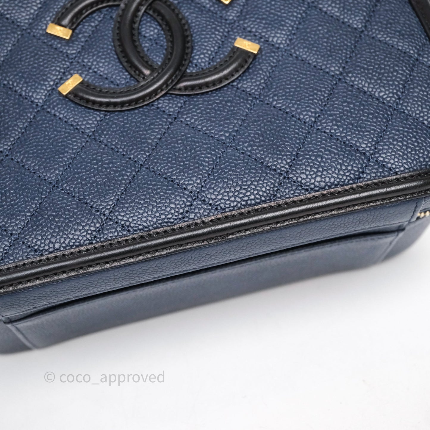 Chanel Quilted Large CC Filigree Vanity Case Navy Black Caviar Aged Gold Hardware
