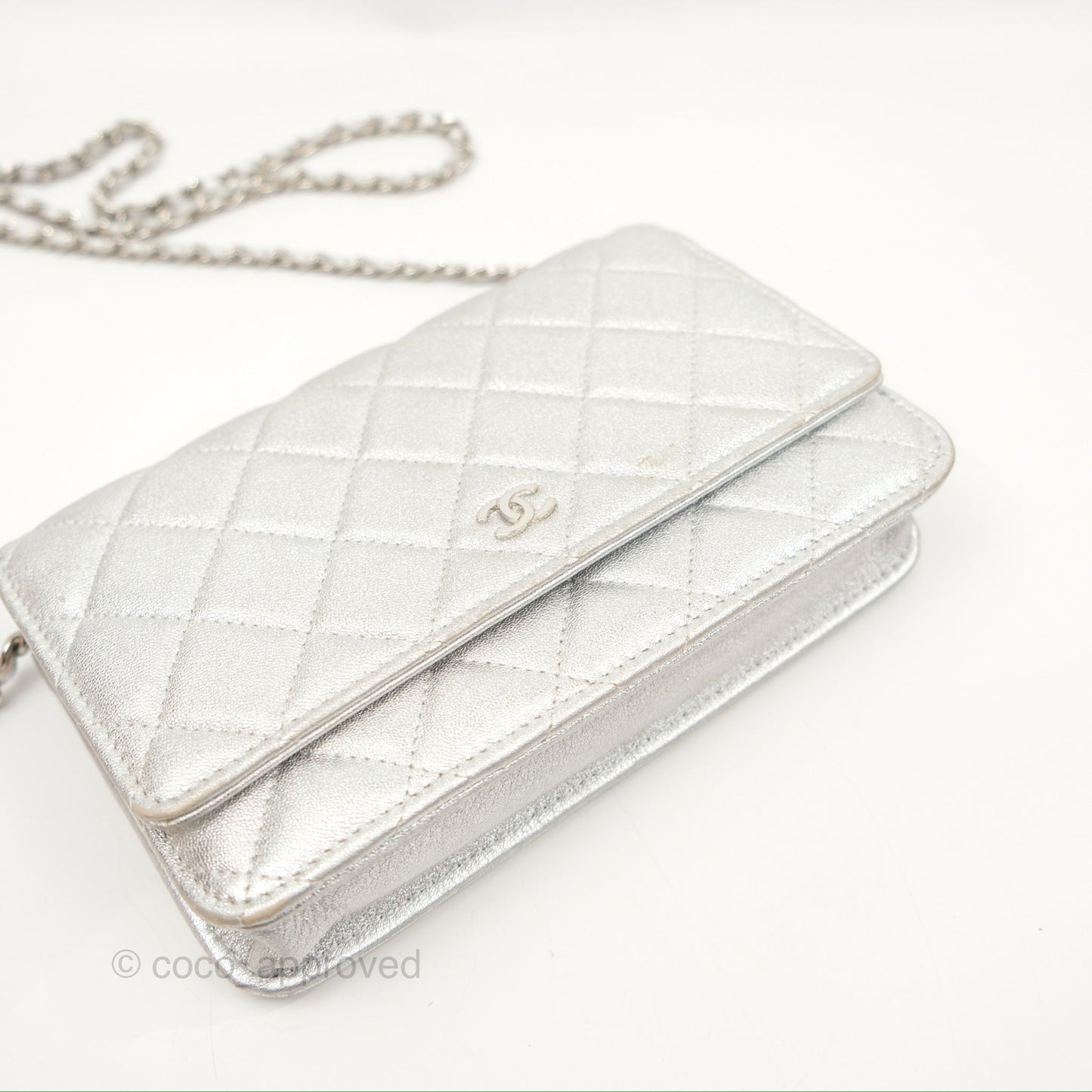 Chanel Quilted Wallet on Chain WOC Iridescent Silver Grained Lambskin Silver Hardware
