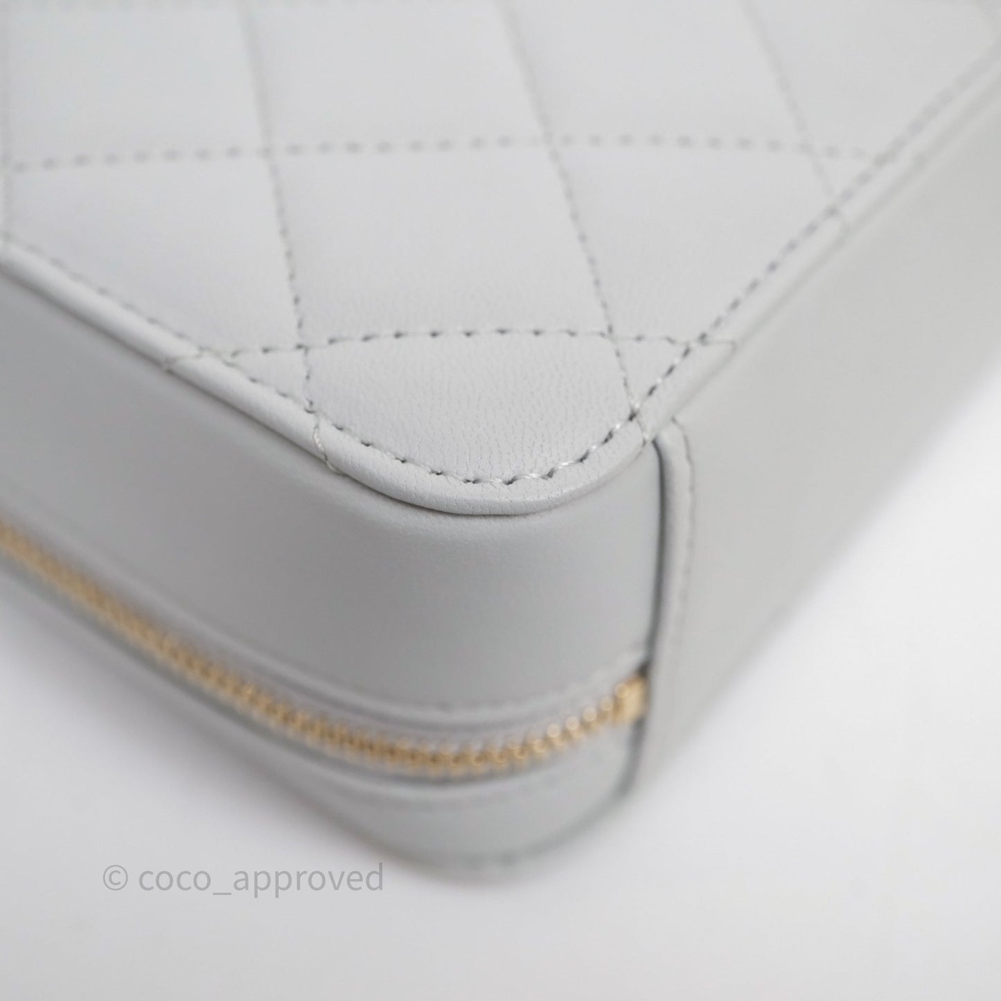 Chanel Quilted CC Pearl Crush Camera Case Light Blue Grey Lambskin Aged Gold Hardware