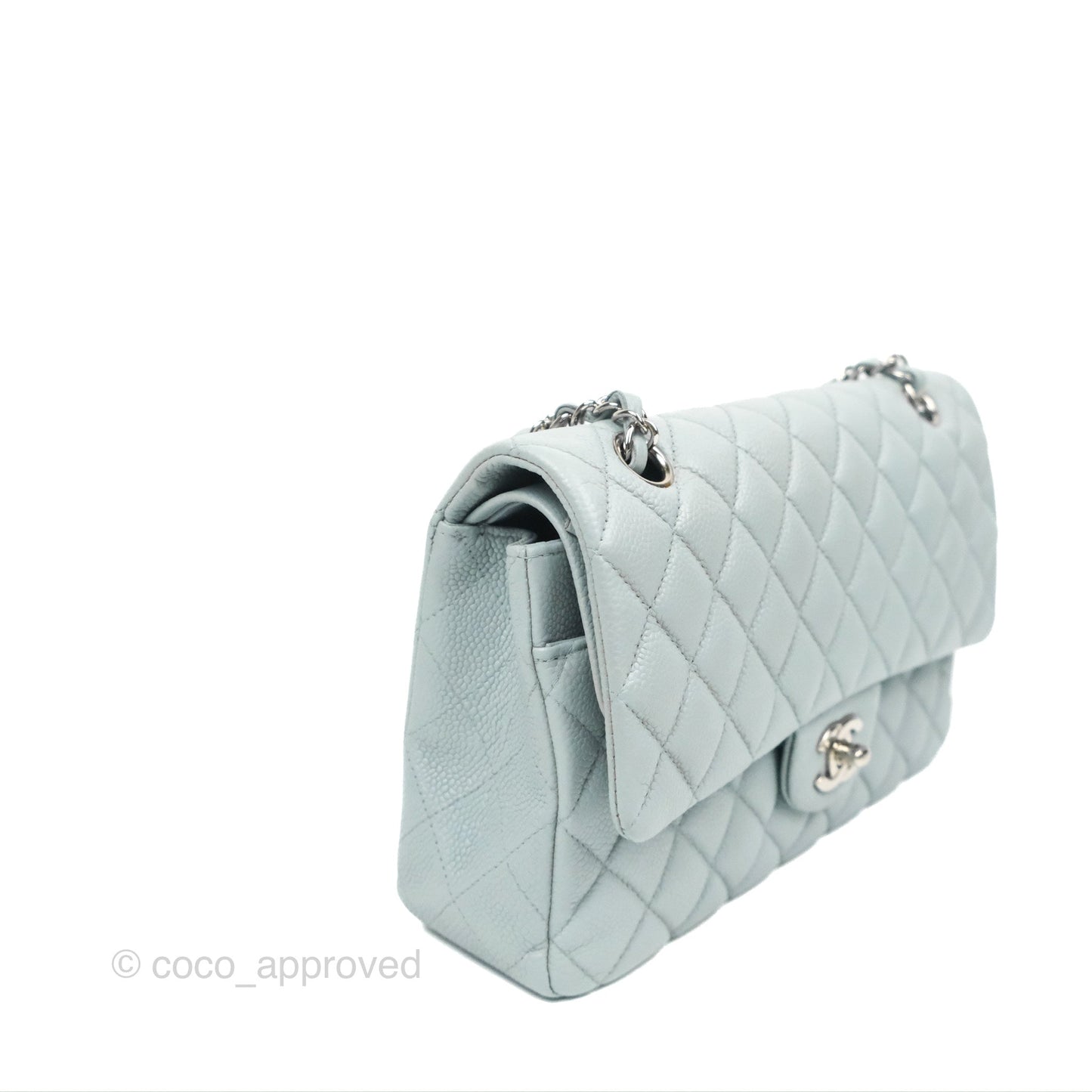 Chanel Classic M/L Medium Flap Quilted Light Grey Blue Caviar Silver Hardware