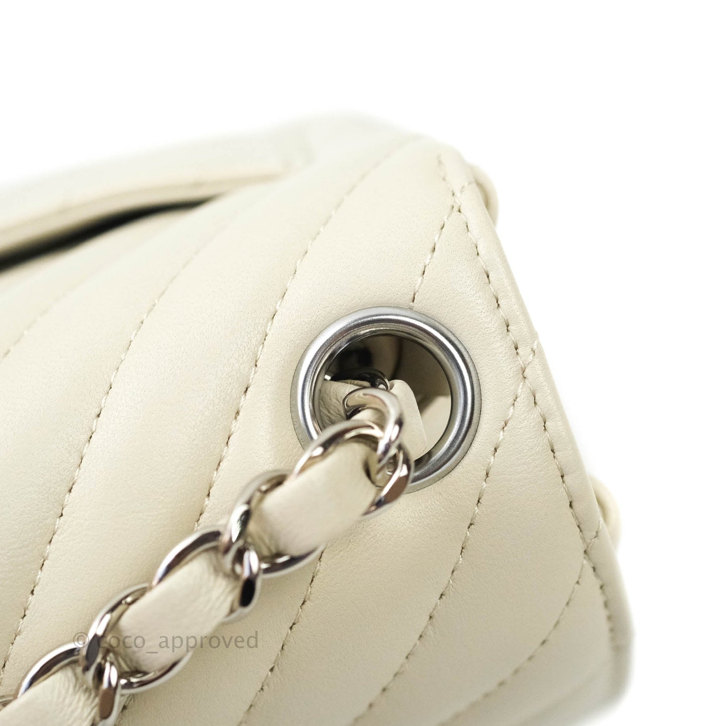 Chanel Mini Square Chevron White Ivory Lambskin Silver Hardware