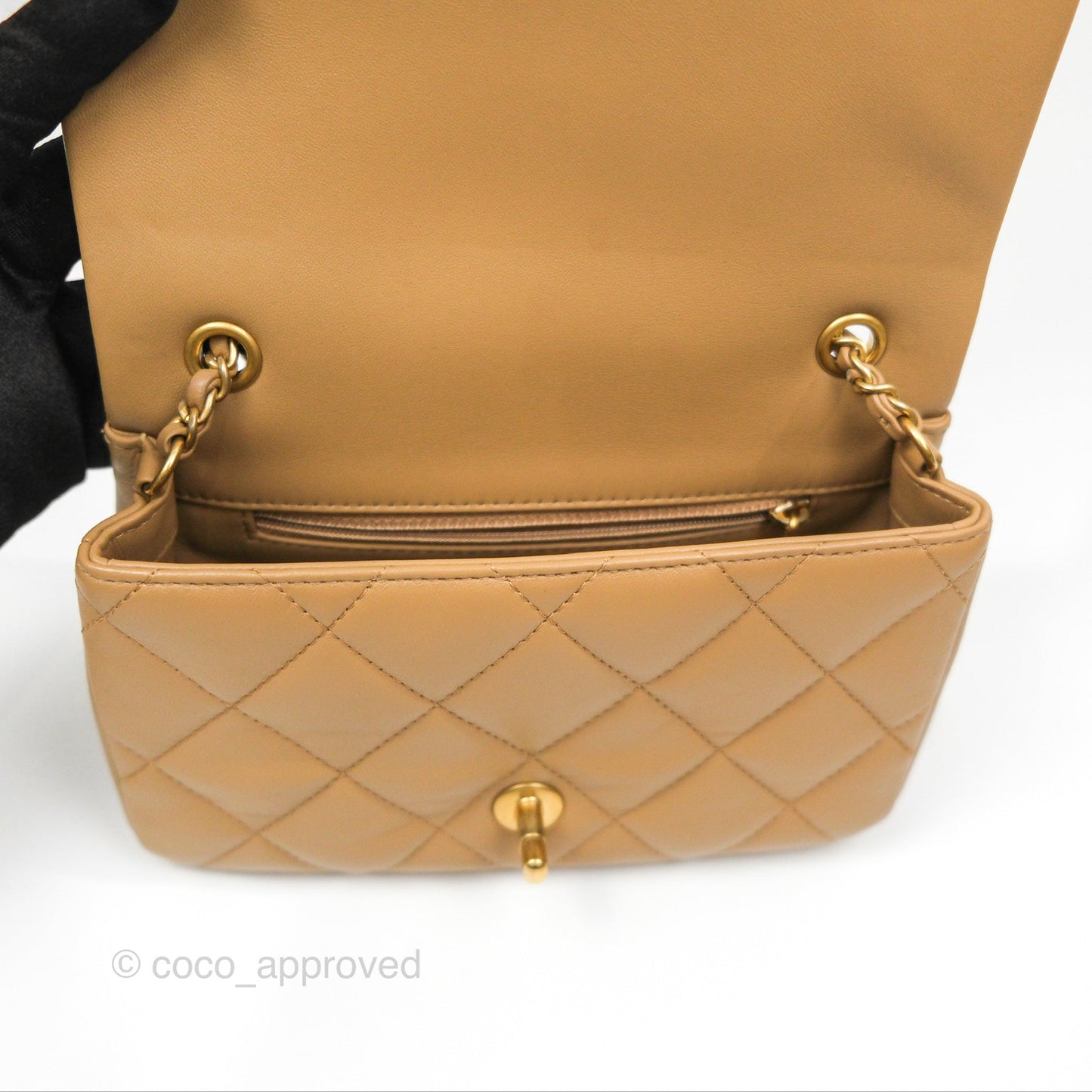 Chanel Mini Flap Bag With Heart CC Charm Dark Beige Lambskin Aged Gold Hardware