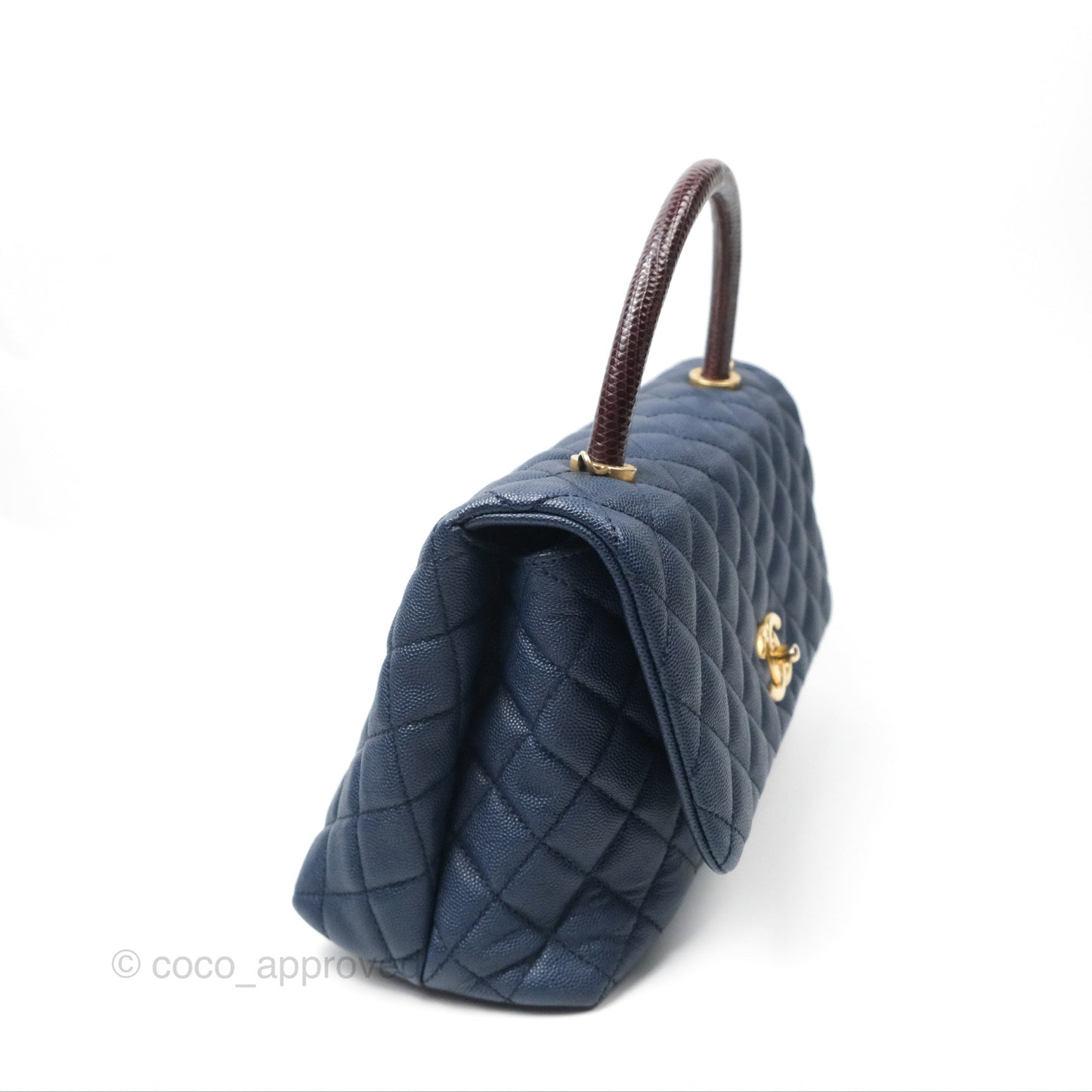 Chanel Medium Coco Handle Quilted Navy Caviar Lizard Handle Aged Gold Hardware