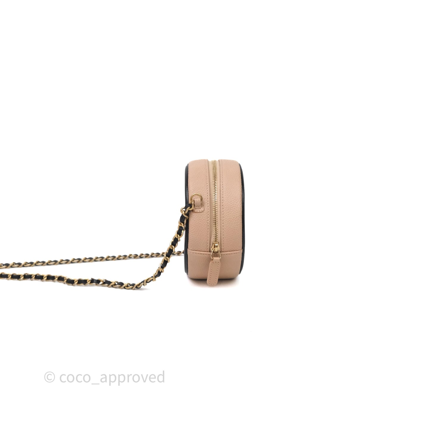 Chanel Quilted Round Filigree Clutch With Chain Beige/ Black Caviar Aged Gold Hardware