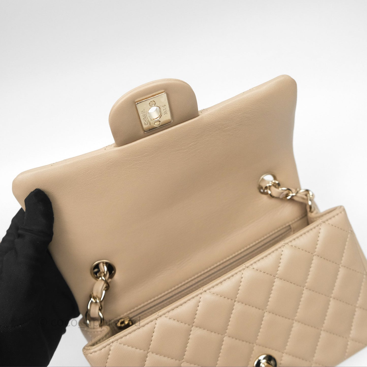 Chanel Quilted Mini Rectangular Flap Beige Lambskin Gold Hardware