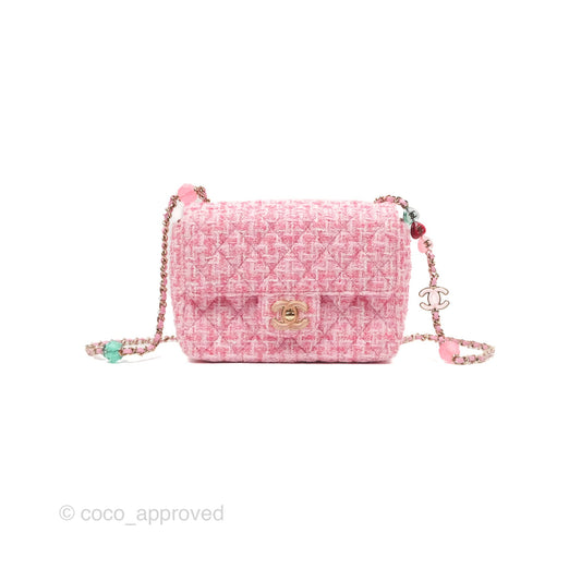 Chanel Flap Bag with Heart Resin Charm Chain Pink Tweed Gold Hardware