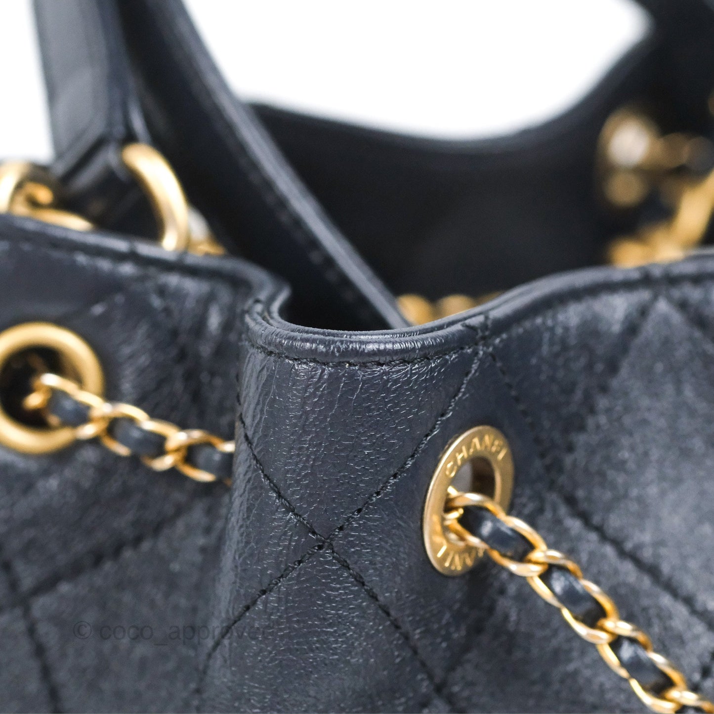 Chanel Quilted Top Handle Drawstring Bucket Bag Iridescent Navy Calfskin Aged Gold Hardware