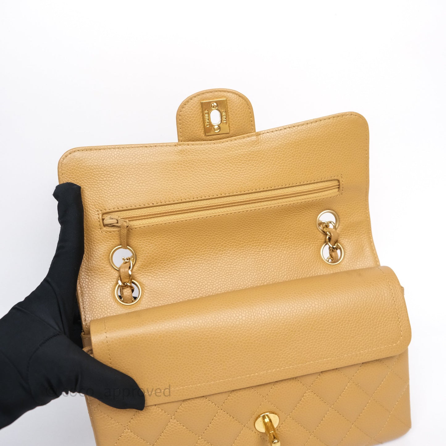 Chanel Classic M/L Medium Flap Quilted Dark Beige Caviar Gold Hardware