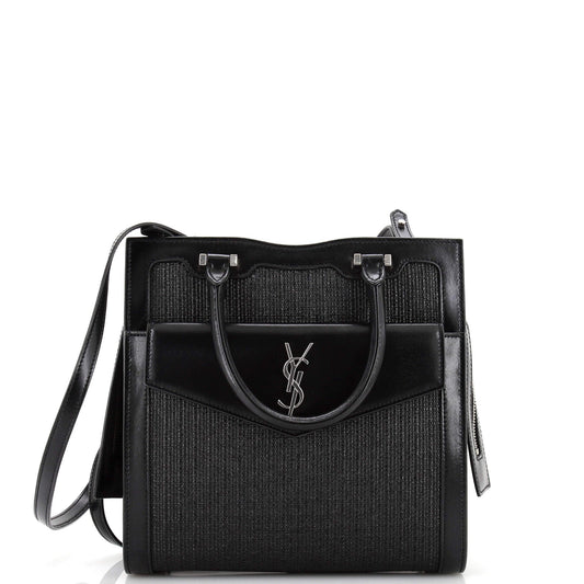 Luxury Saint Laurent Uptown Tote Raffia with Leather Small