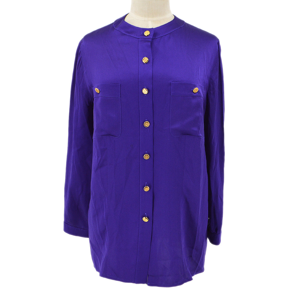 Luxury Chanel 1991 logo-buttons collarless silk shirt #38