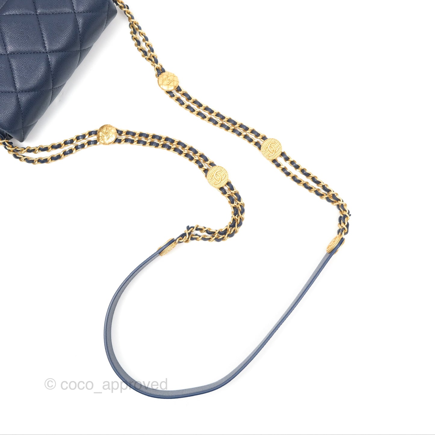 Chanel Mini Flap with Coin Charm Navy Caviar Aged Gold Hardware 22A