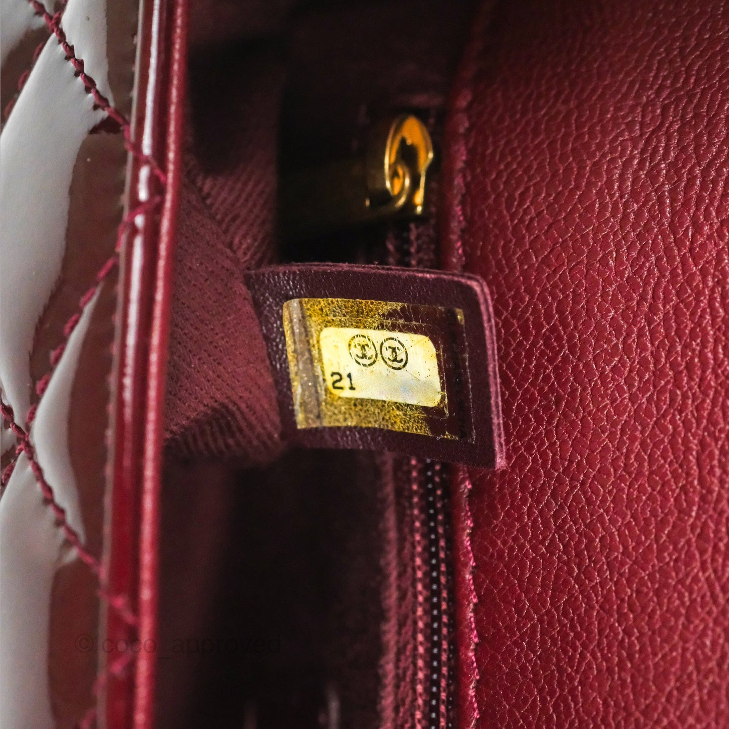 Chanel Quilted CC Eyelet Flap Burgundy Patent Goatskin Antique Gold Hardware