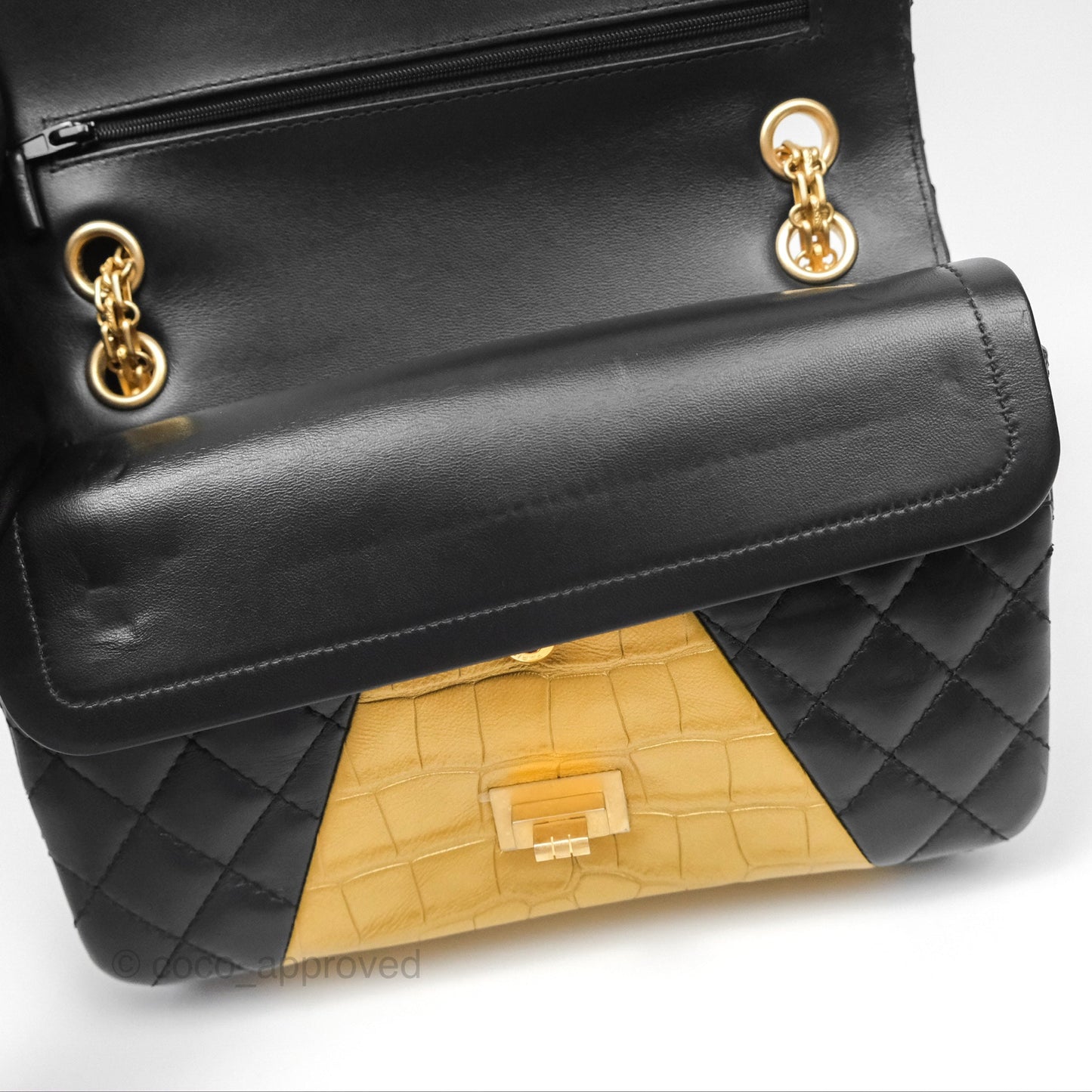 Chanel Reissue 2.55 Metallic Gold Crocodile Embossed Calfskin And Black Quilted Lambskin Aged Gold Hardware