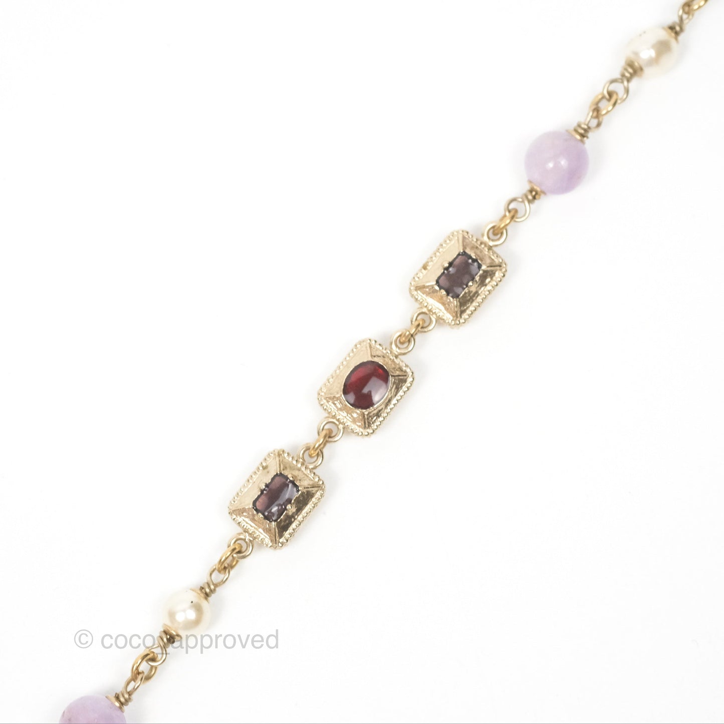 Chanel CC Pearl GemStone Long Necklace Gold Tone 17A