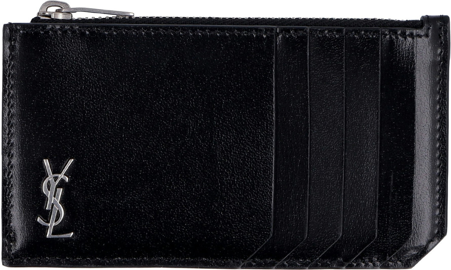 Luxury Saint Laurent Men's Tiny Cassandre Logo Plaque Purse in Nero | 6298991JB0E1000