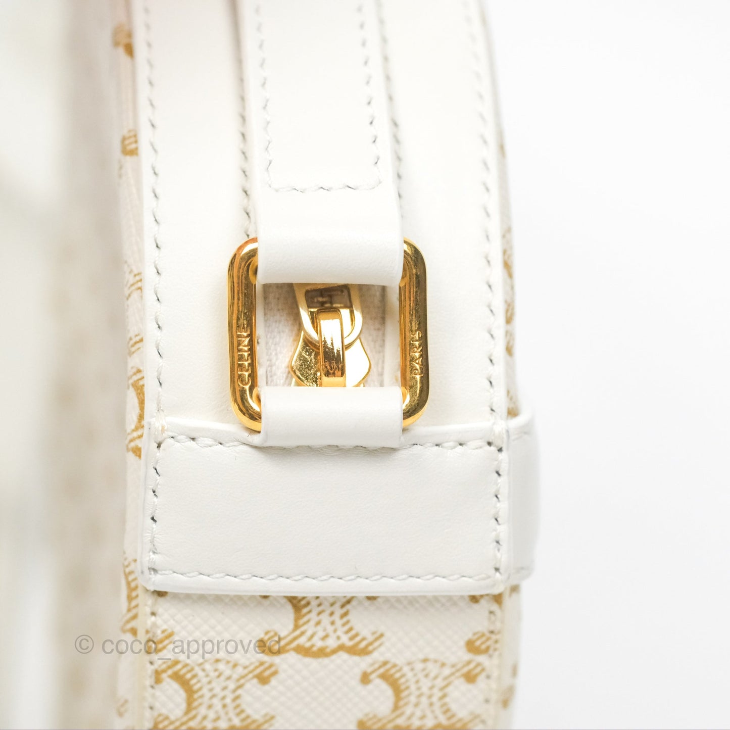 Celine Round Purse on Strap Triomphe Canvas White Calfskin