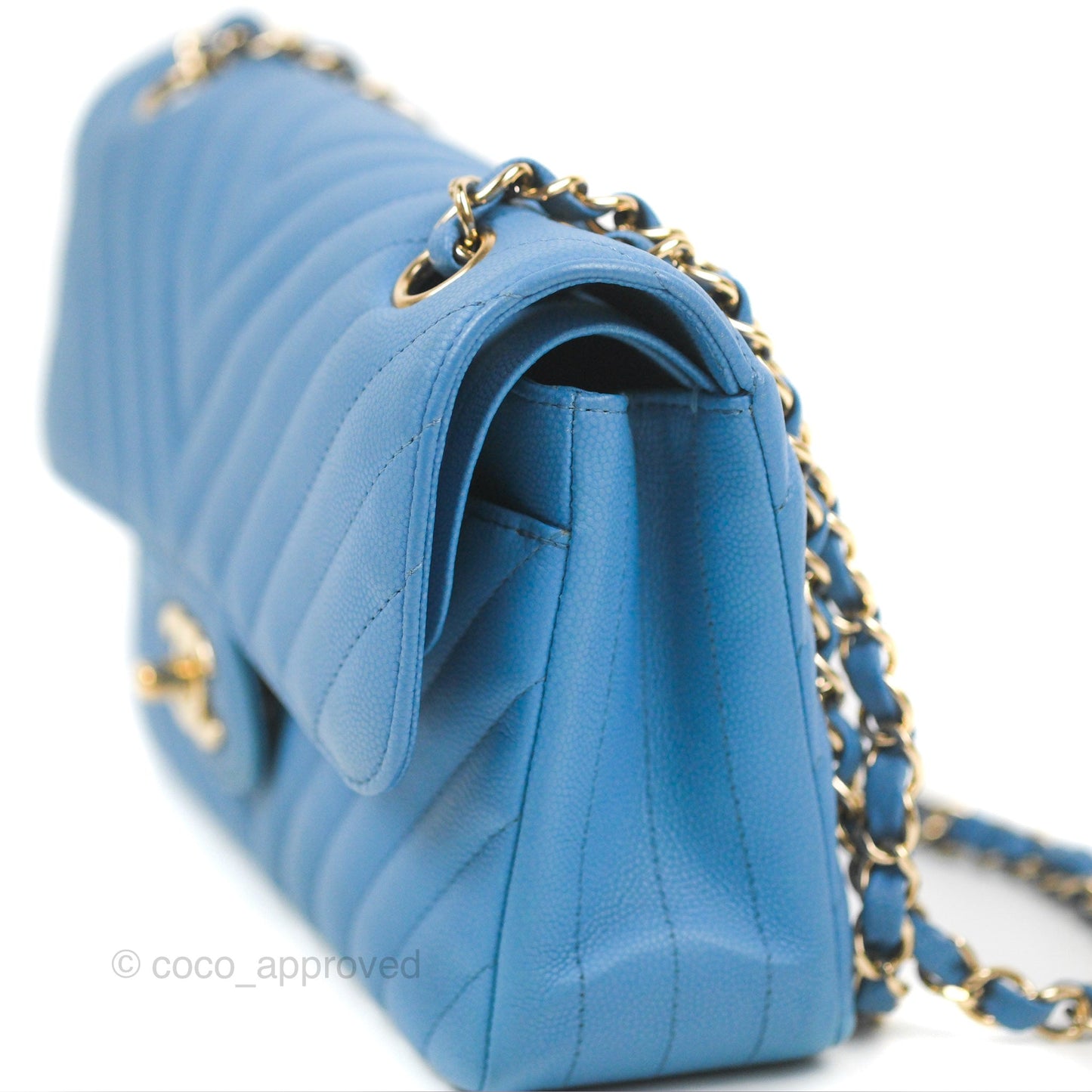 Chanel Small Classic Flap Chevron Blue Caviar Gold Hardware