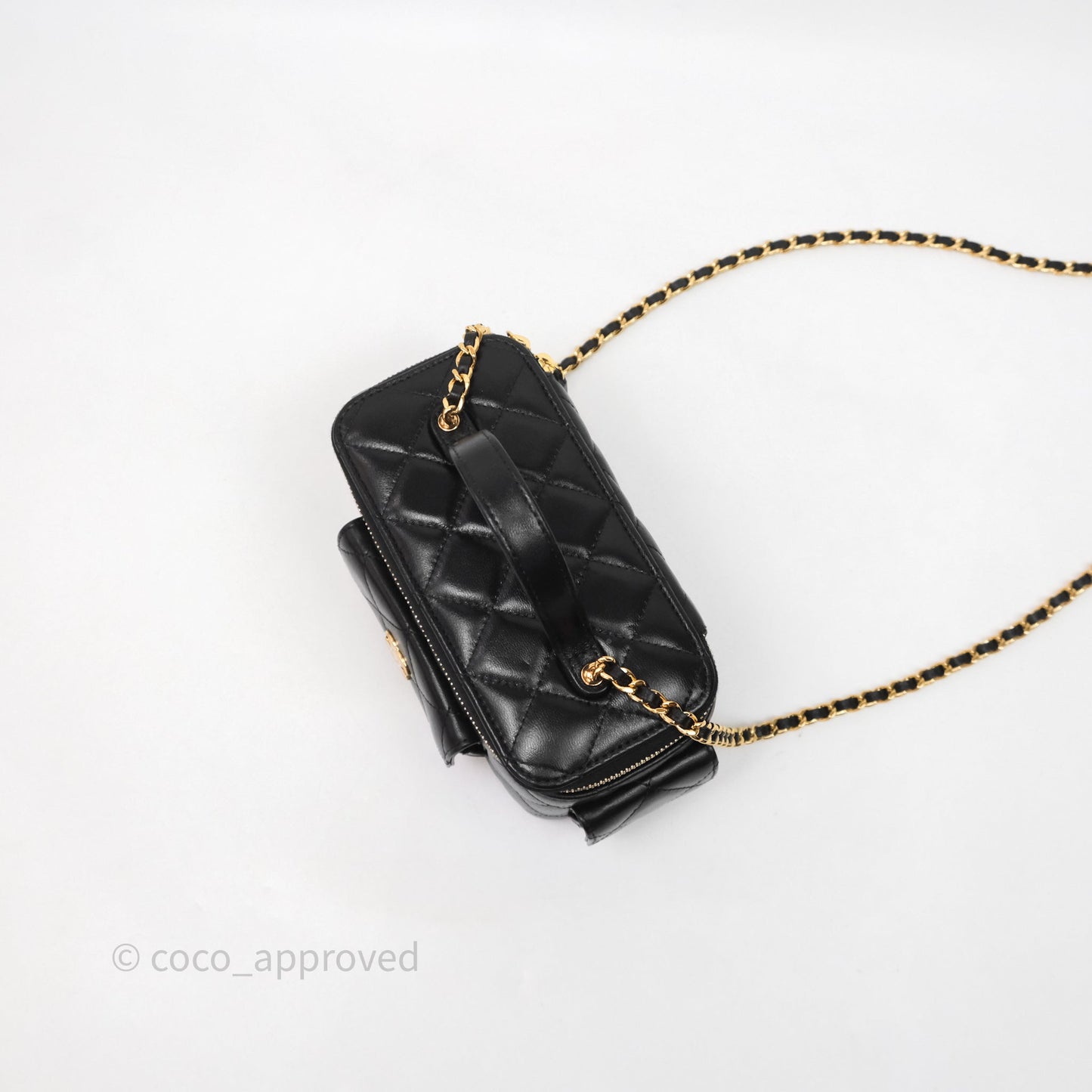 Chanel Quilted Top Handle Pocket Vanity Case Black Shiny Lambskin Bag Gold Hardware