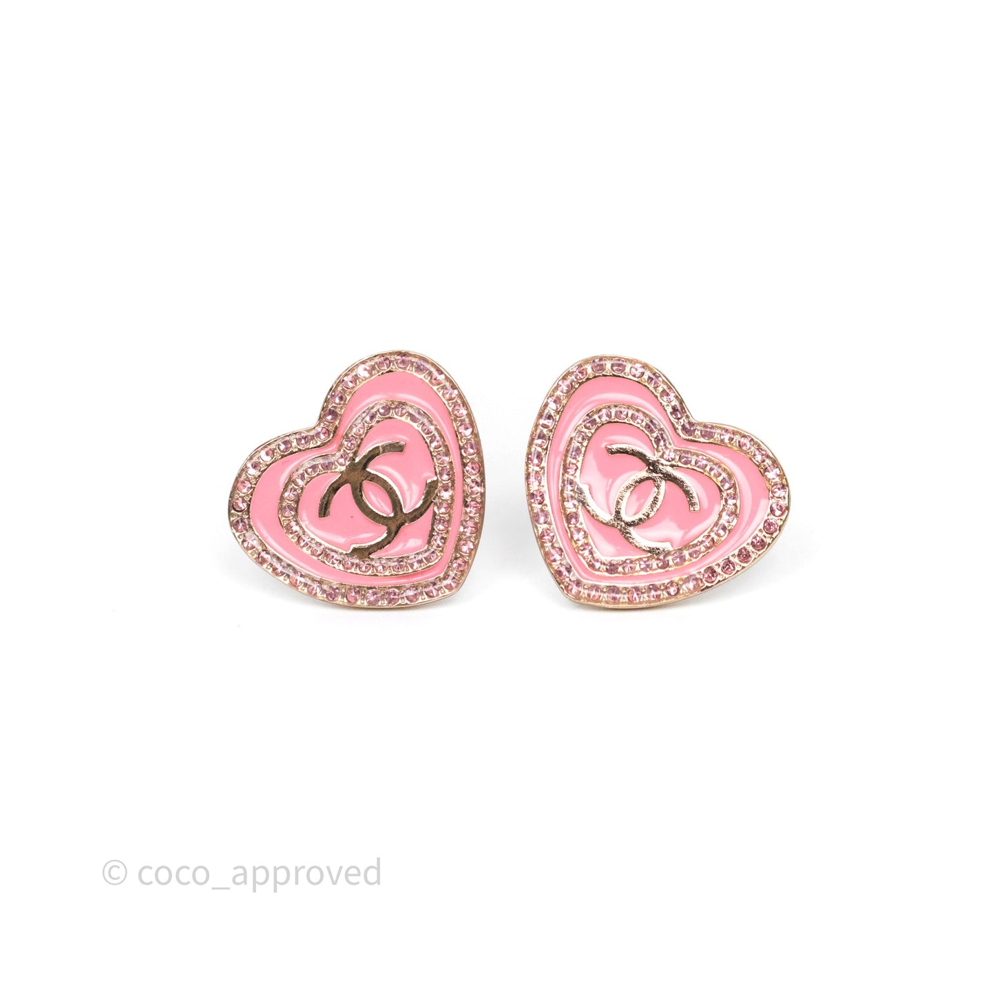 Chanel CC Heart Earrings Pink Crystals Gold Tone 24S