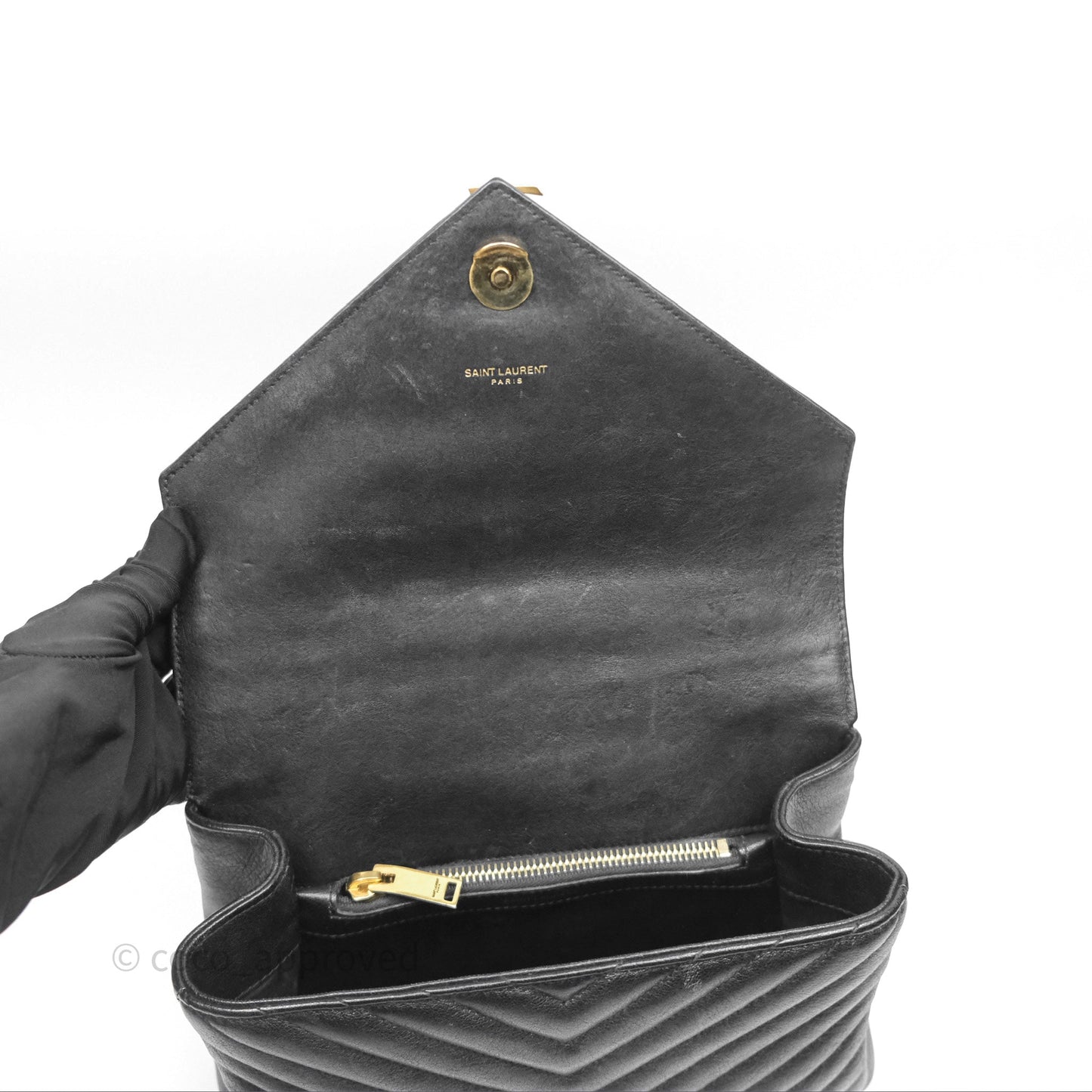 Saint Laurent Chevron Medium College Black Chain Bag Gold Hardware