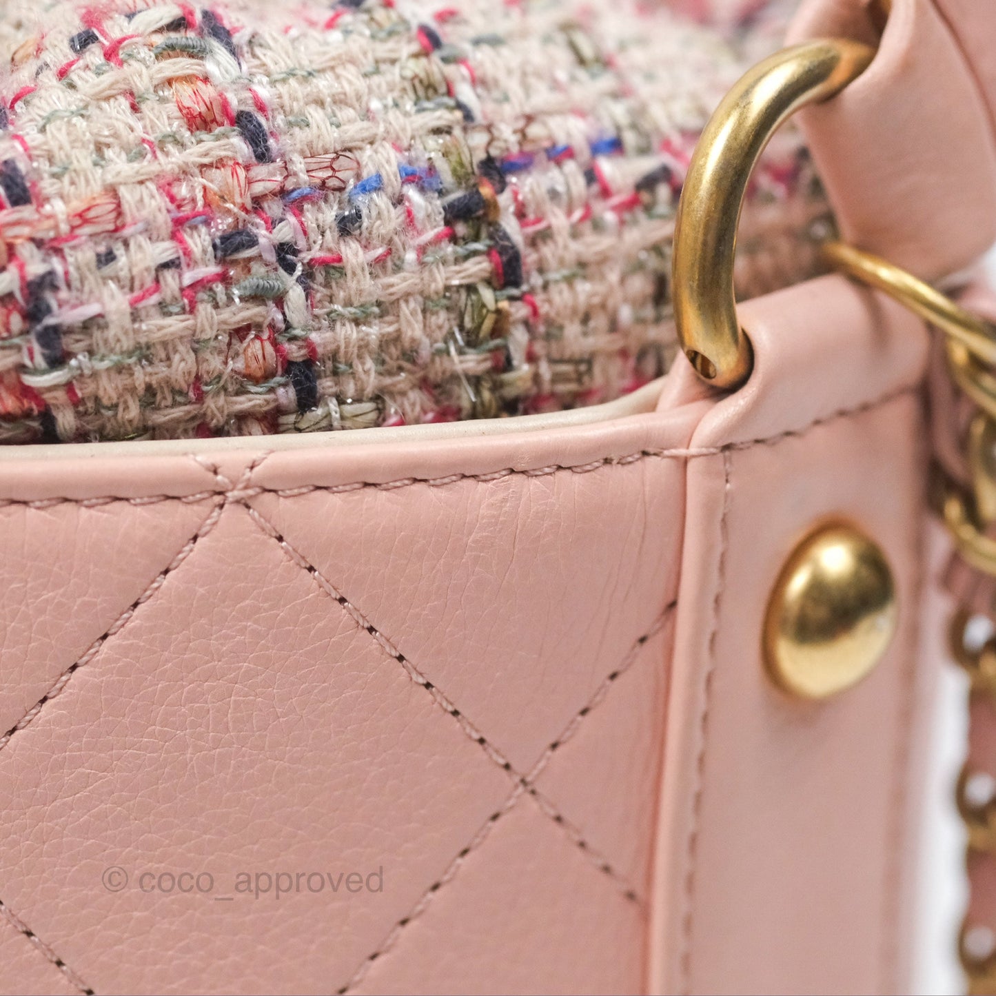 Chanel Quilted Top Handle Drawstring Bucket Bag Calfskin Tweed Pink Aged Gold Hardware