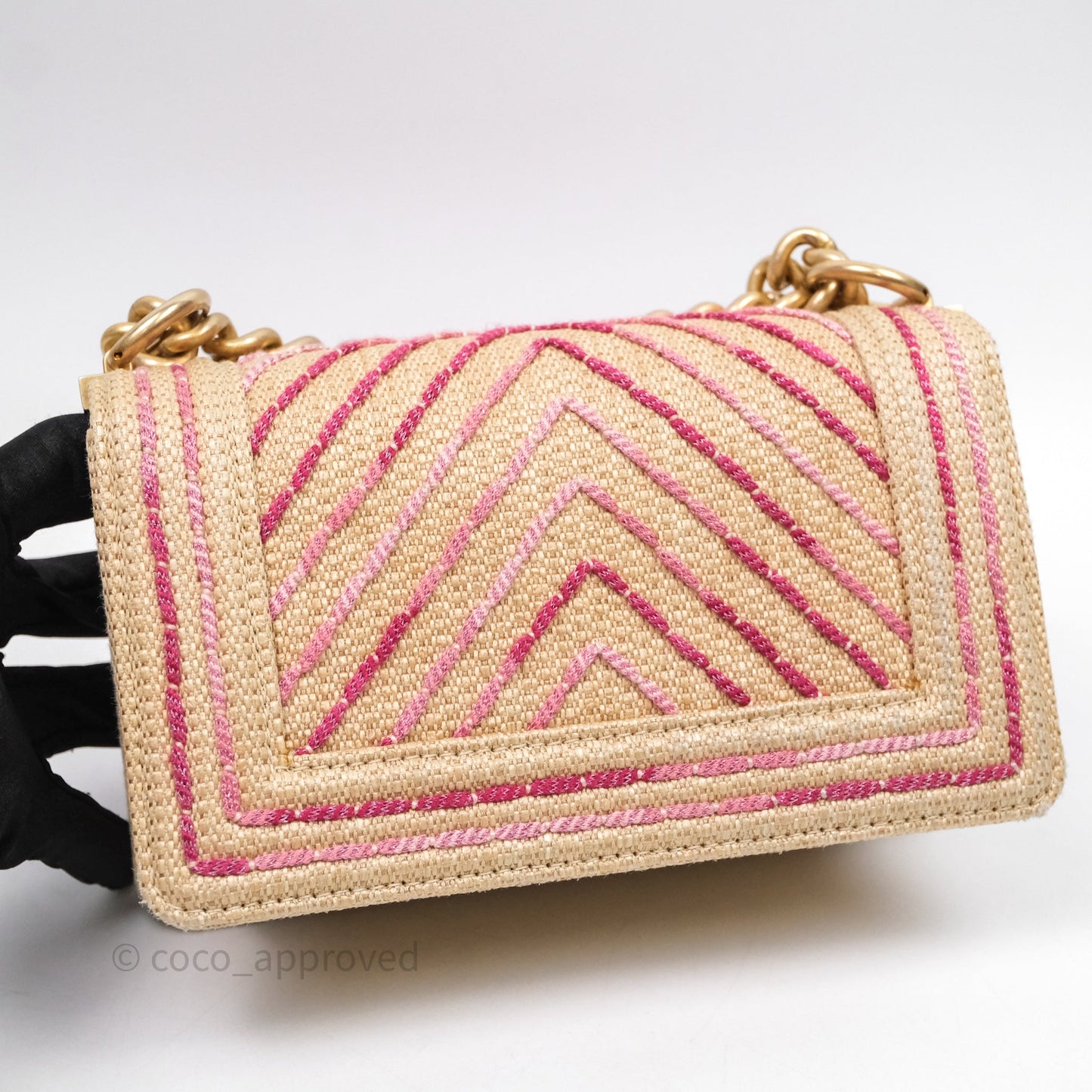 Chanel Small Boy Chevron Raffia Metallic Pink Aged Gold Hardware