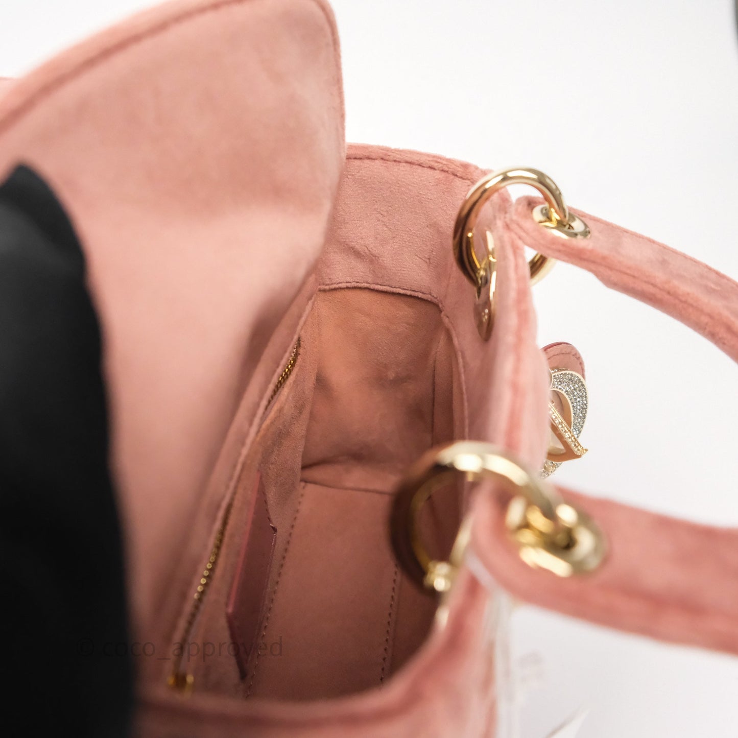 Dior Mini Lady Dior Pink Velvet Cannage Crystal Charms Gold Hardware