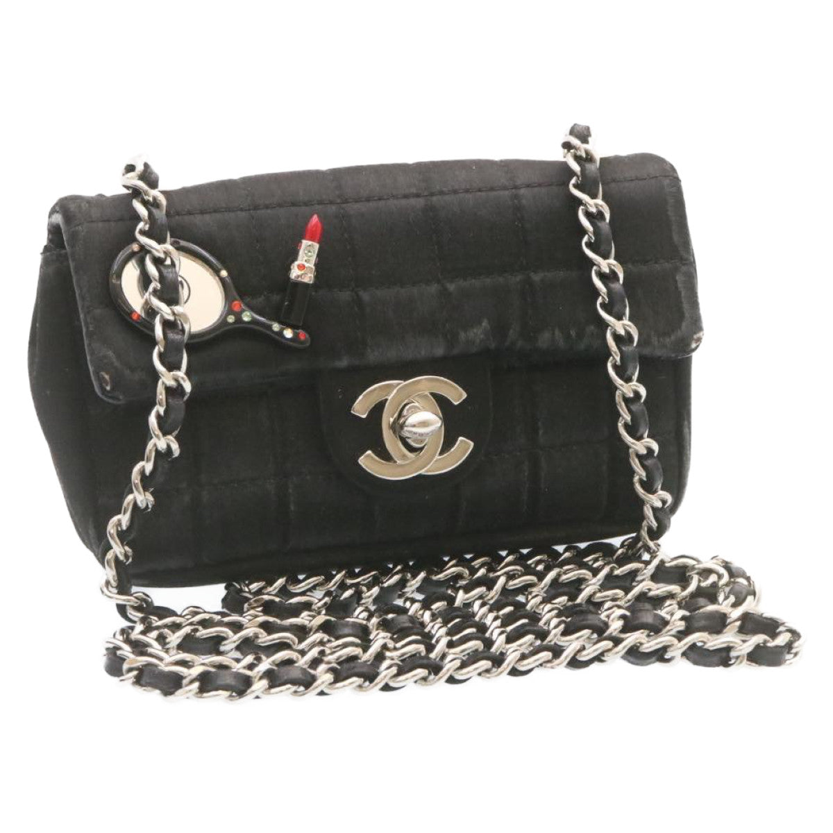 Luxury Chanel Choco Bar Rouge Racket Linestone Shoulder Bag Satin Black CC  24559A