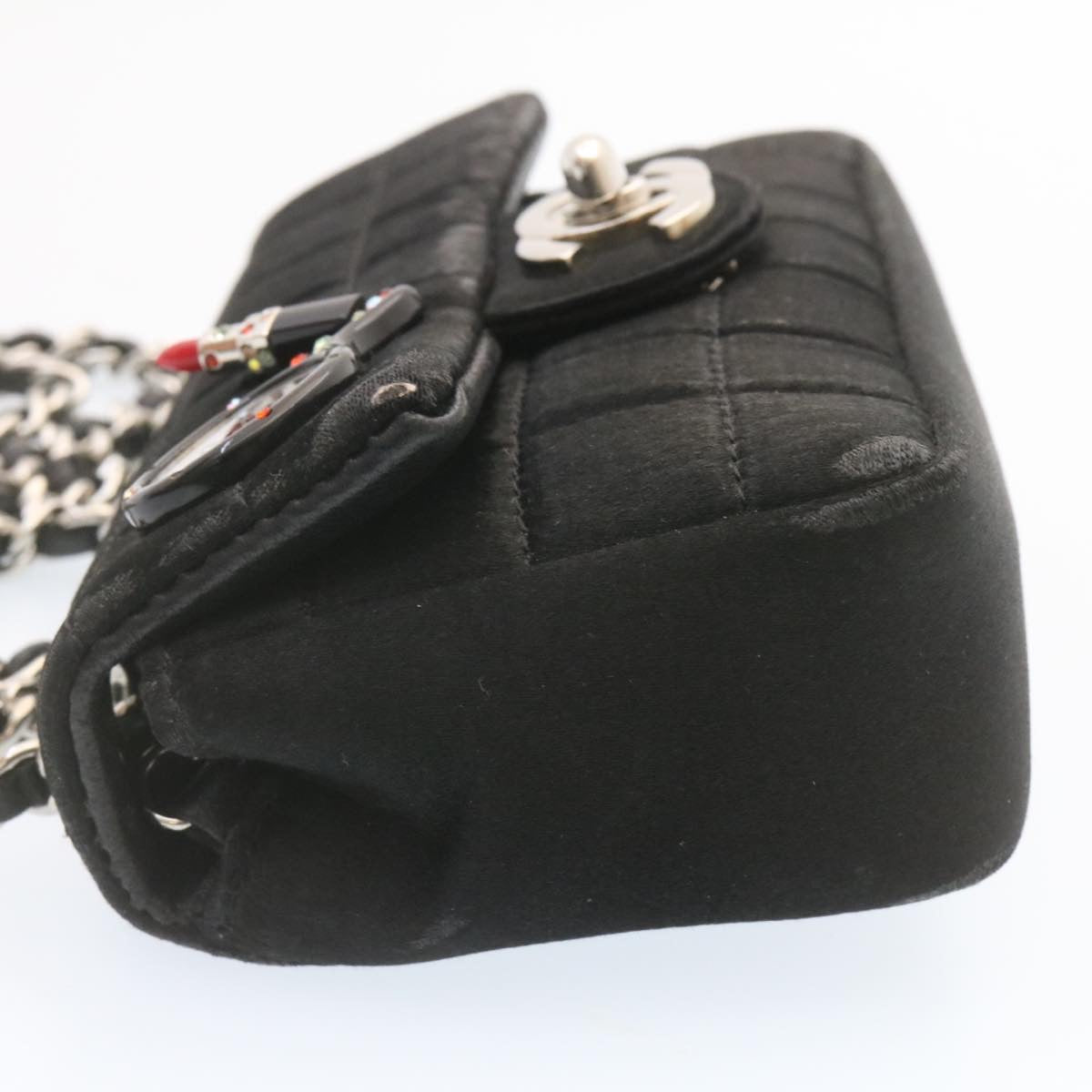 Luxury Chanel Choco Bar Rouge Racket Linestone Shoulder Bag Satin Black CC  24559A