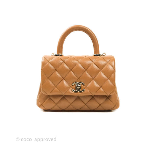 Chanel Quilted Extra Mini Coco Handle Dark Beige Caviar Gold Hardware 21P