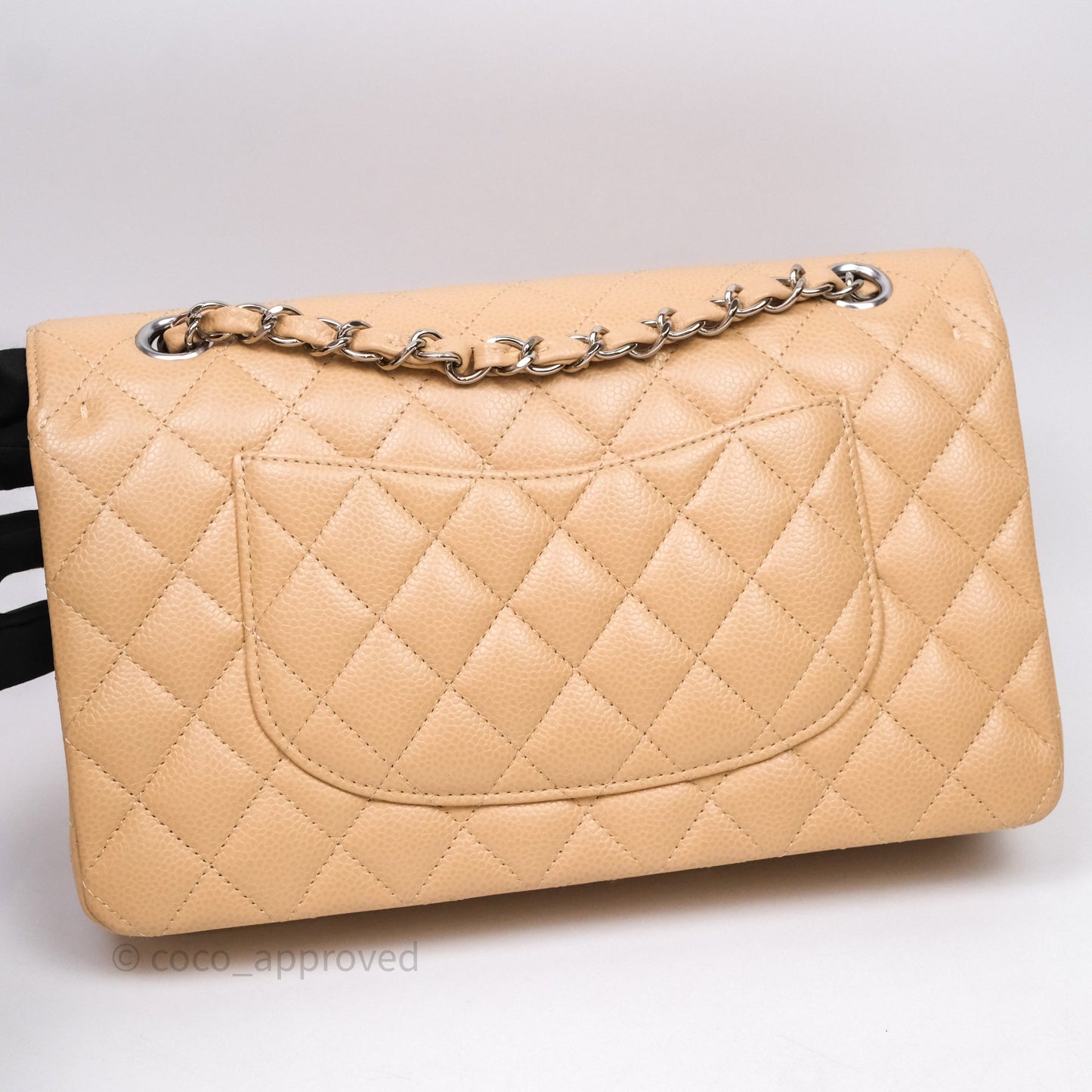 Chanel Classic M/L Medium Flap Quilted Beige Caviar Silver Hardware