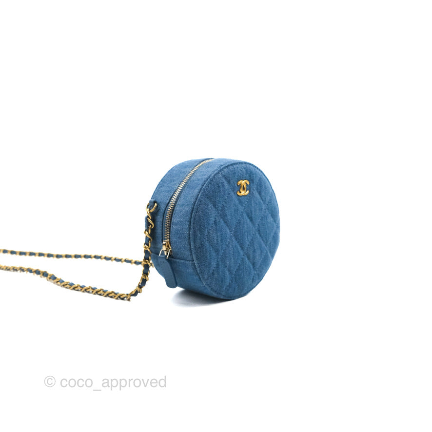 Chanel Quilted Pearl Crush Round Clutch With Chain Denim Aged Gold Hardware