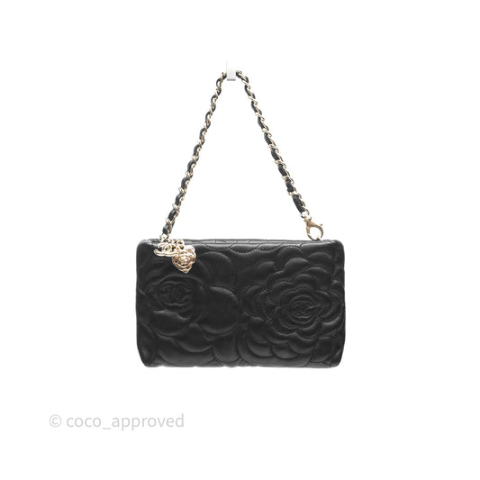 Chanel Camellia Pochette Clutch Black Lambskin Gold Hardware