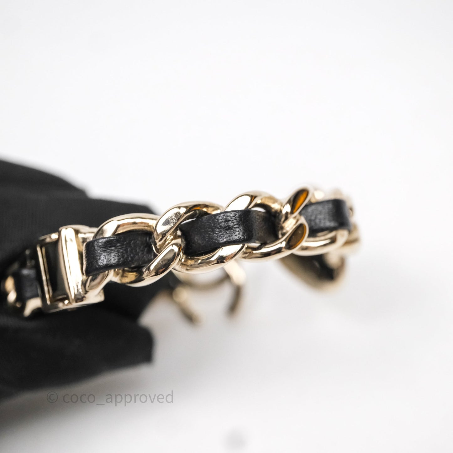 Chanel CC Black Leather Heart Bracelet Gold Tone 22C