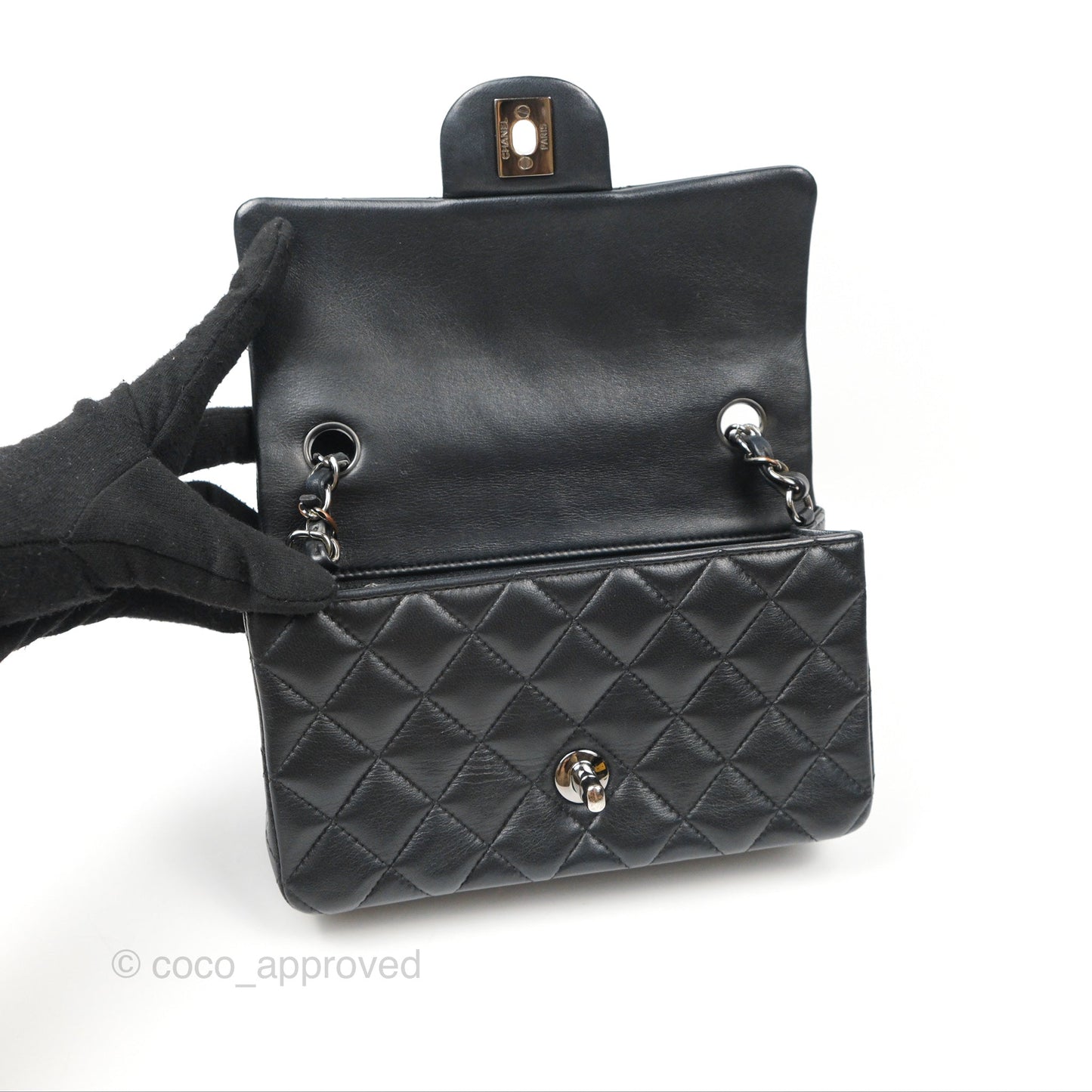 Chanel Quilted Mini Rectangular Flap Black Lambskin Silver Hardware