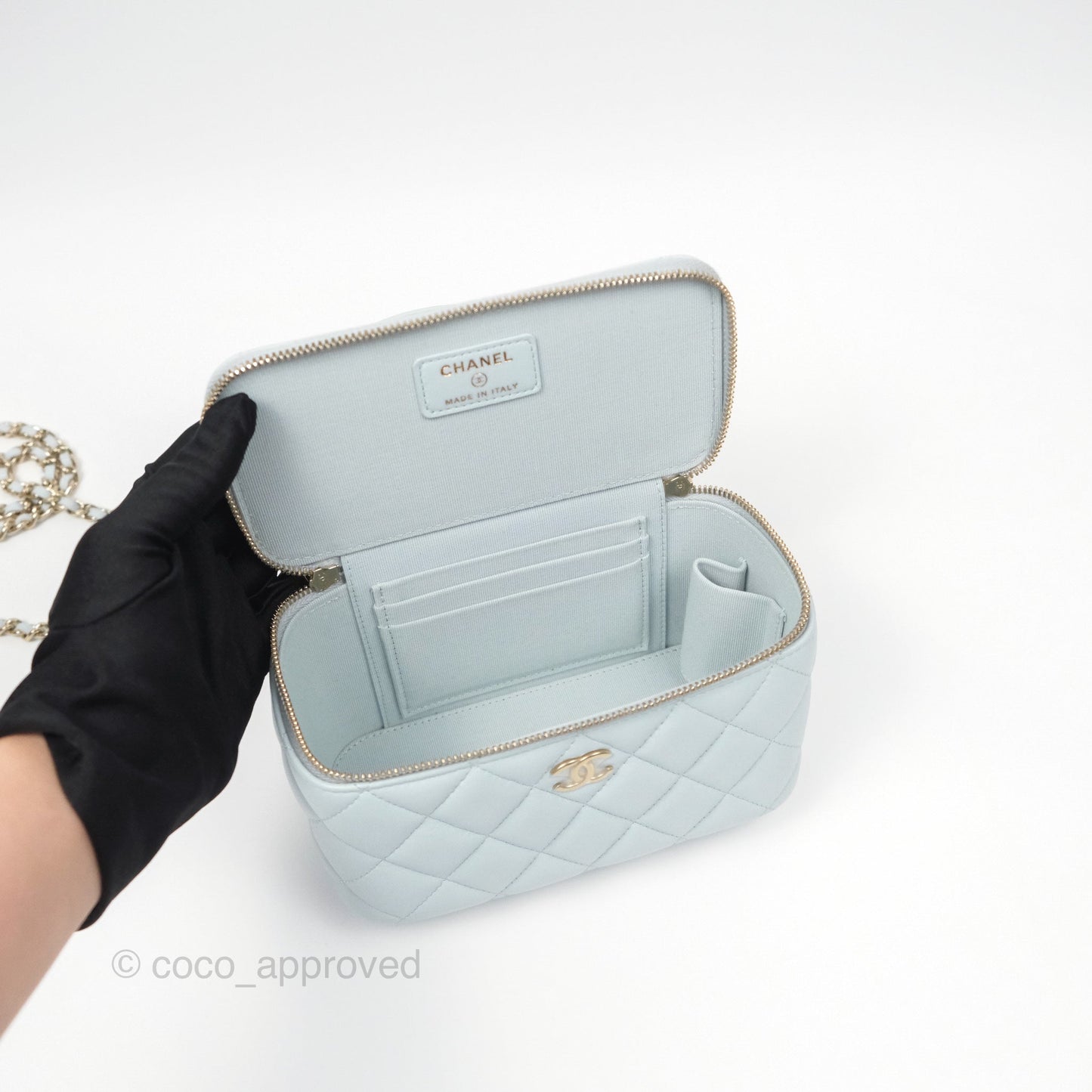 Chanel Vanity Rectangular Top Handle Light Blue Lambskin Gold Hardware