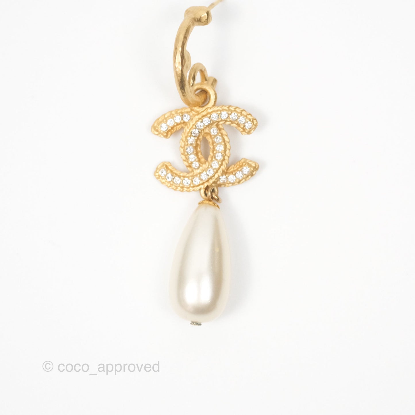 Chanel CC Crystal Pearl Drop Crystal Earrings Matte Gold Tone 20P