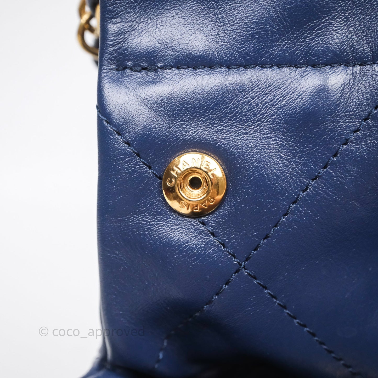 Chanel 22 Small Blue Shiny Calfskin Aged Gold Hardware