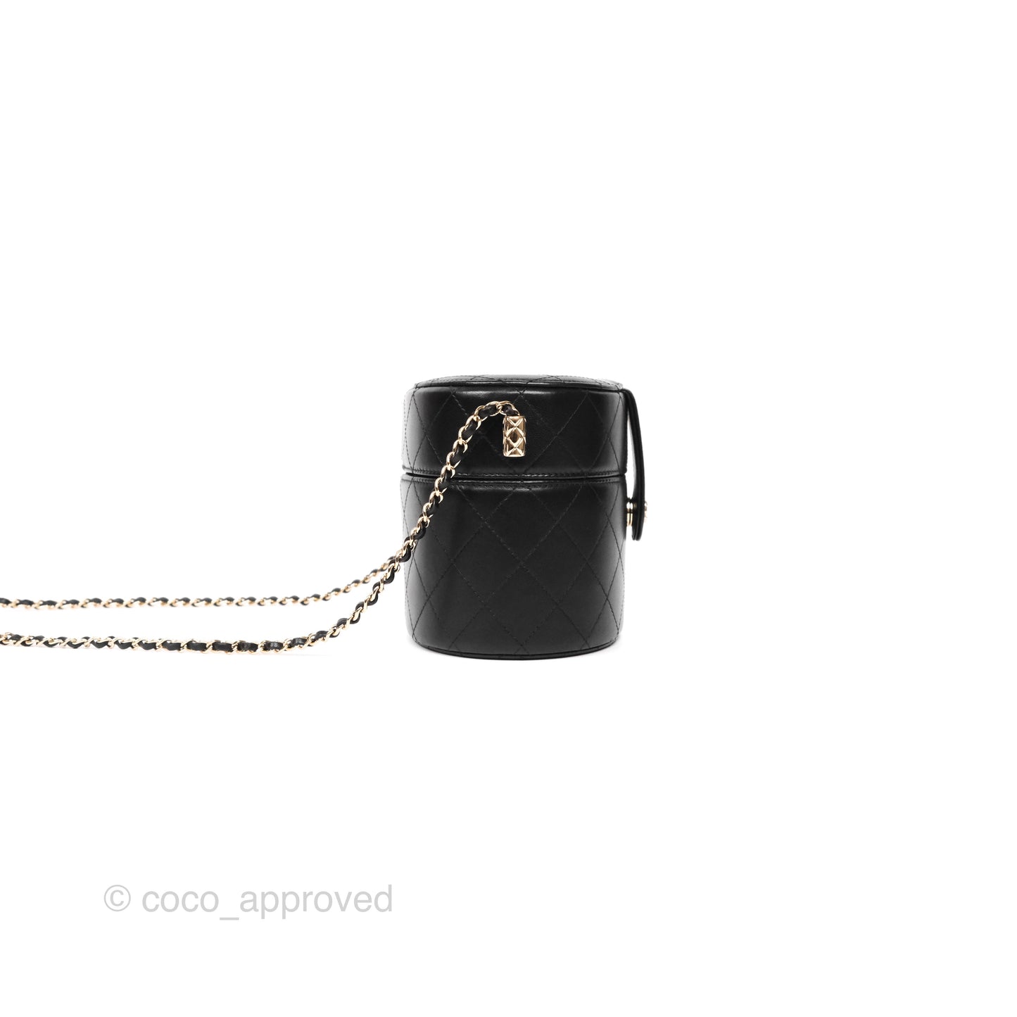Chanel Quilted Round Vanity Clutch With Chain Black Lambskin Gold Hardware