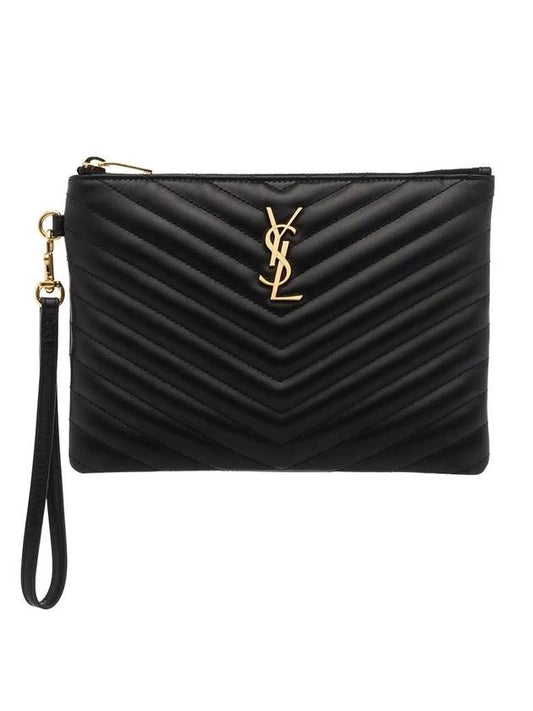 Luxury Saint Laurent Matelasse Monogram Logo Strap Clutch Bag Black