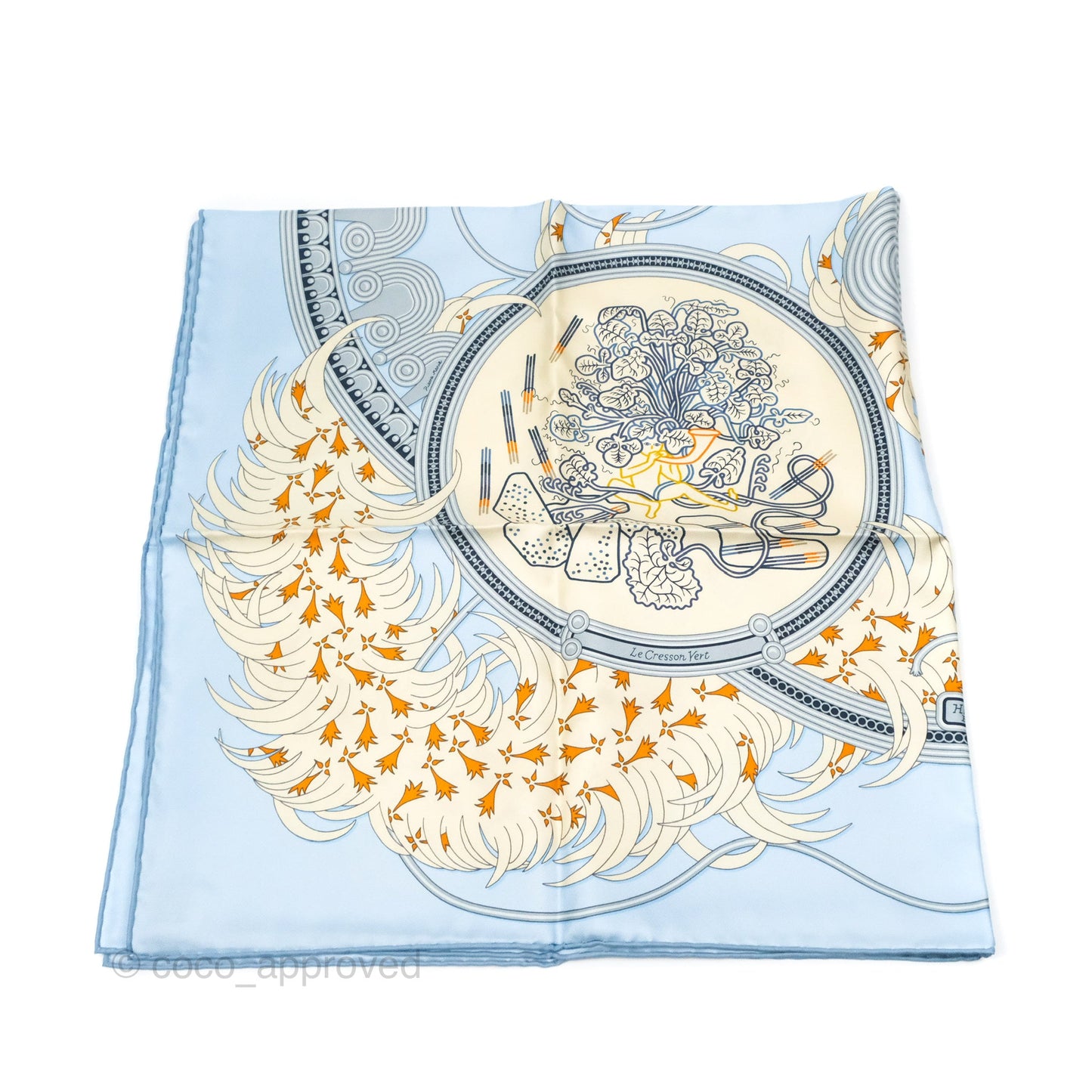Hermès Legende Brodee Scarf 90 Bleu Ciel/ Creme/ Marine
