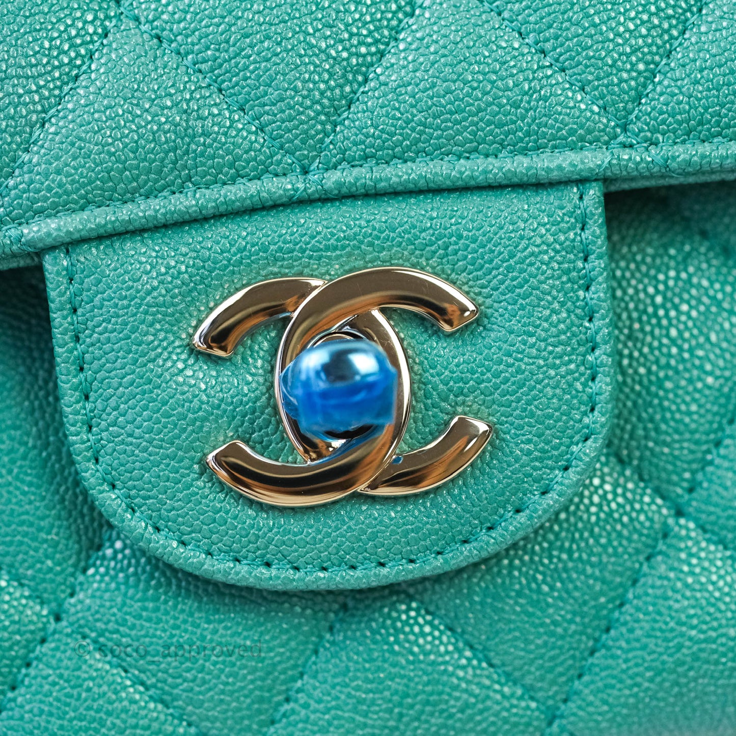 Chanel Classic M/L Medium Double Flap Iridescent Turquoise Caviar Gold Hardware 19S