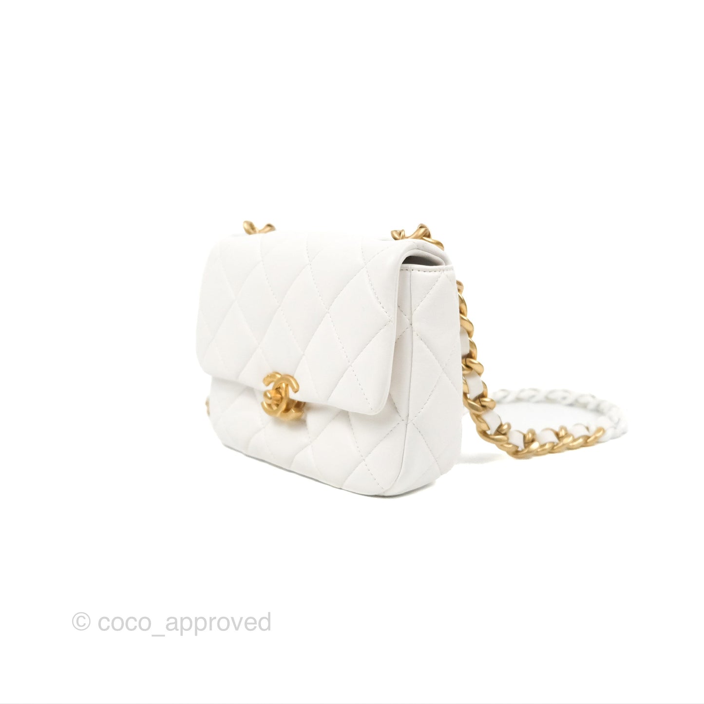Chanel Small Flap Bag White Lambskin Aged Gold and Lacquered Metal 22S