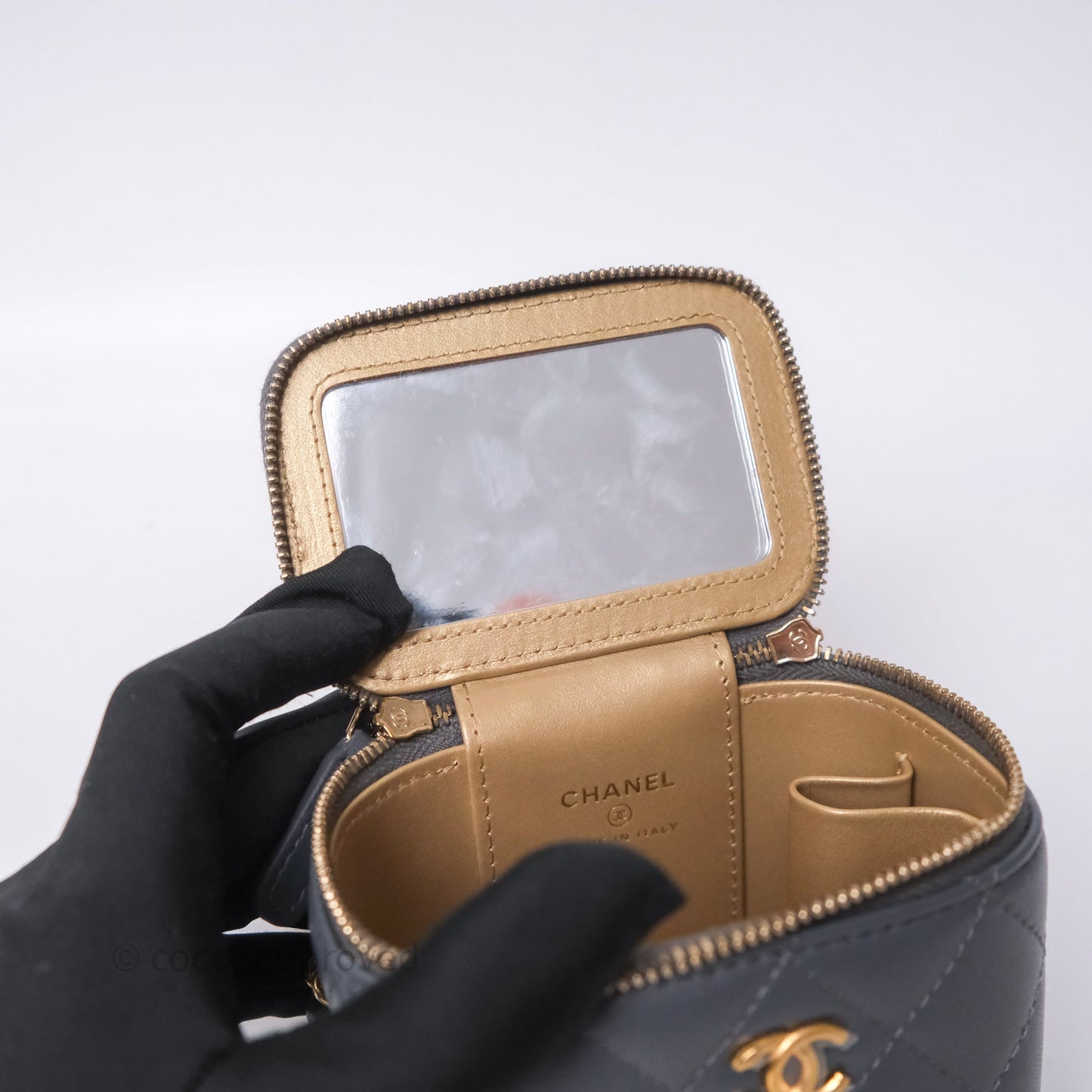 Chanel Mini Vanity Pearl Crush With Chain Dark Grey Lambskin Aged Gold Hardware